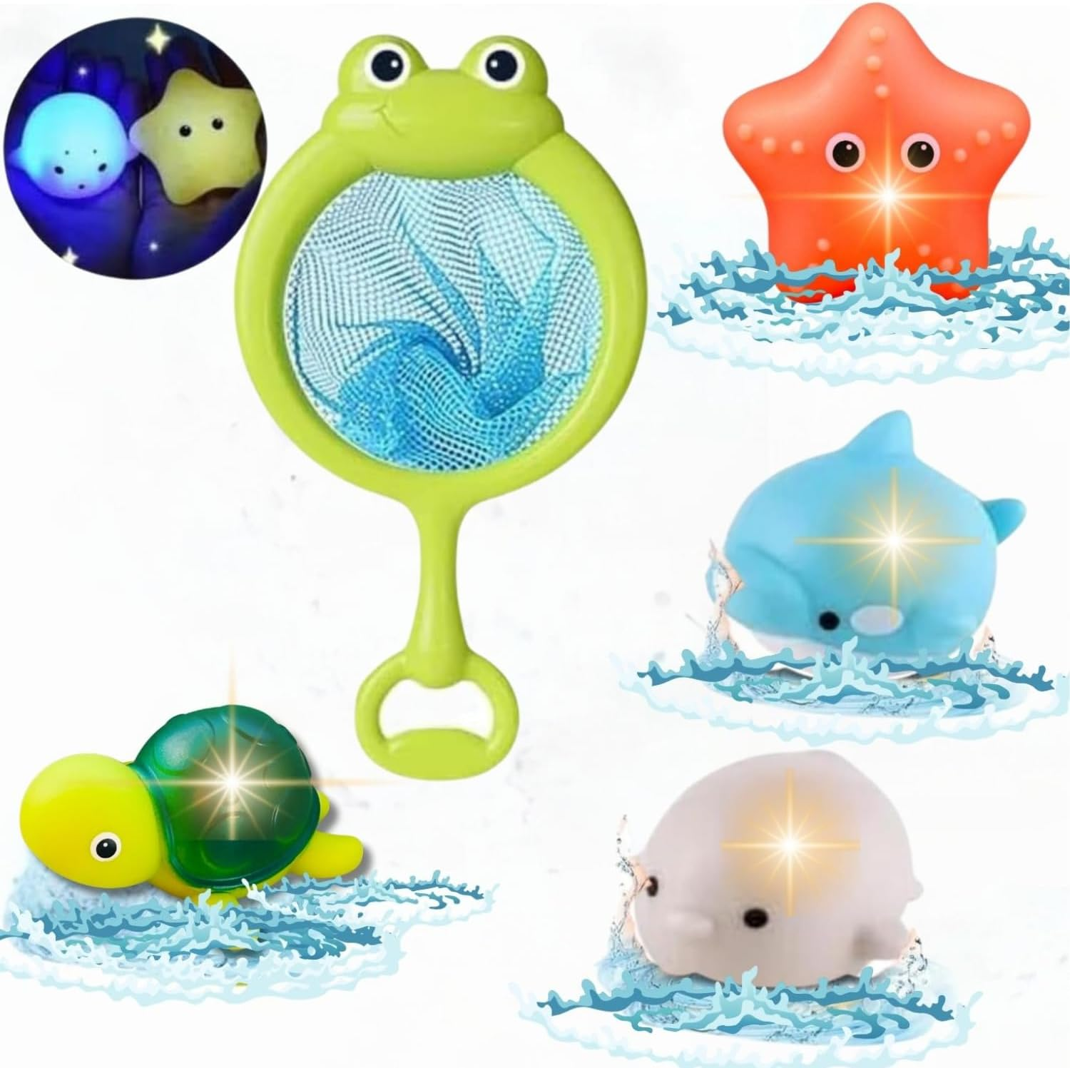 Toy O Toy Light up Baby Bath Toys Set with Frog Net &ndash; 4 Colorful Floating Animal Figures (Starfish, Turtle, Whale,Penguin) &ndash; Sensory Water Play for Toddlers and Kids 18M+ (A) image number 6