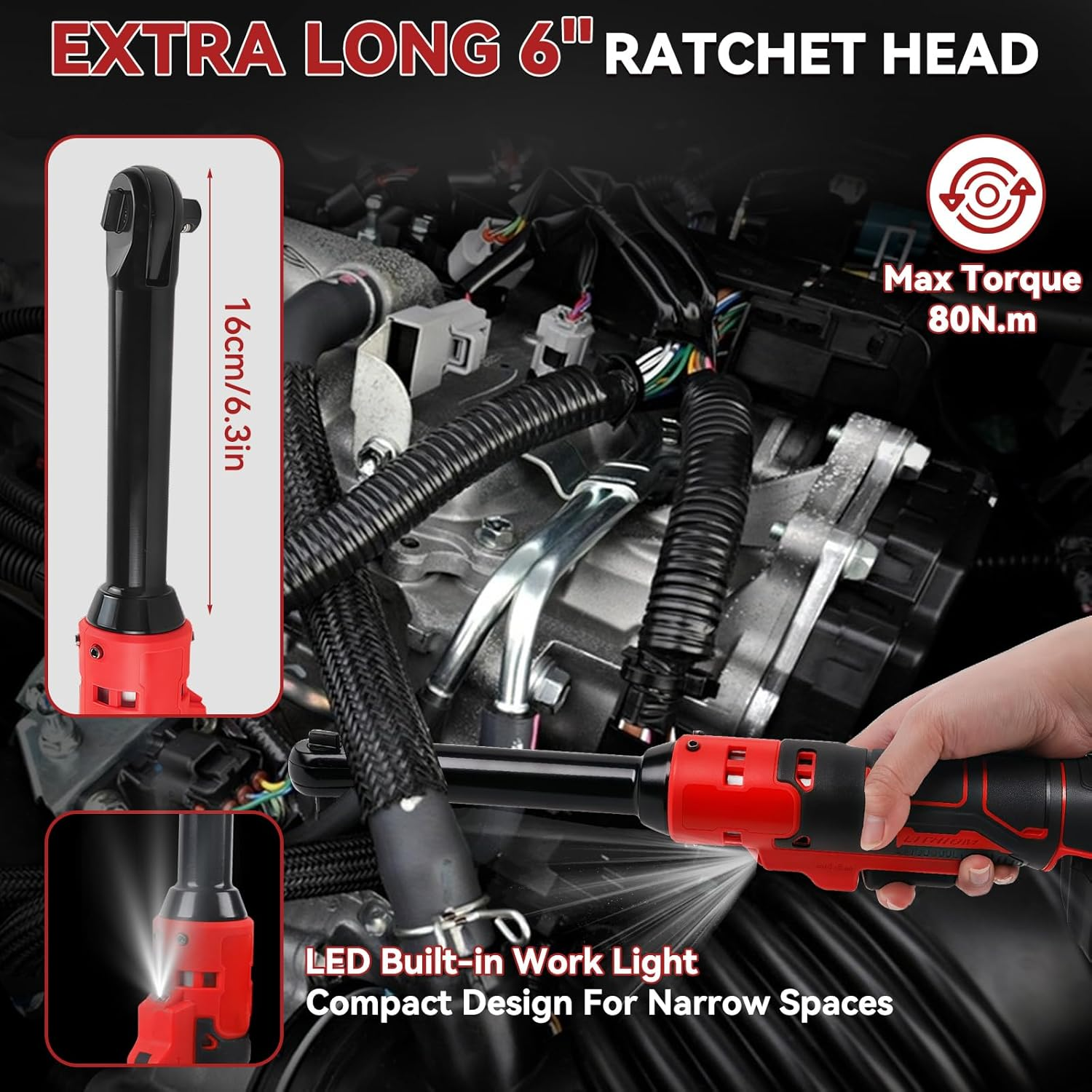 3/8" Extended Cordless Ratchet Wrench for Milwaukee M18 18V Series Batteries, Extended 16Cm Long Rod, 320 RPM, 80N.M Electric Ratchet Wrench with Built-In LED Light image number 3