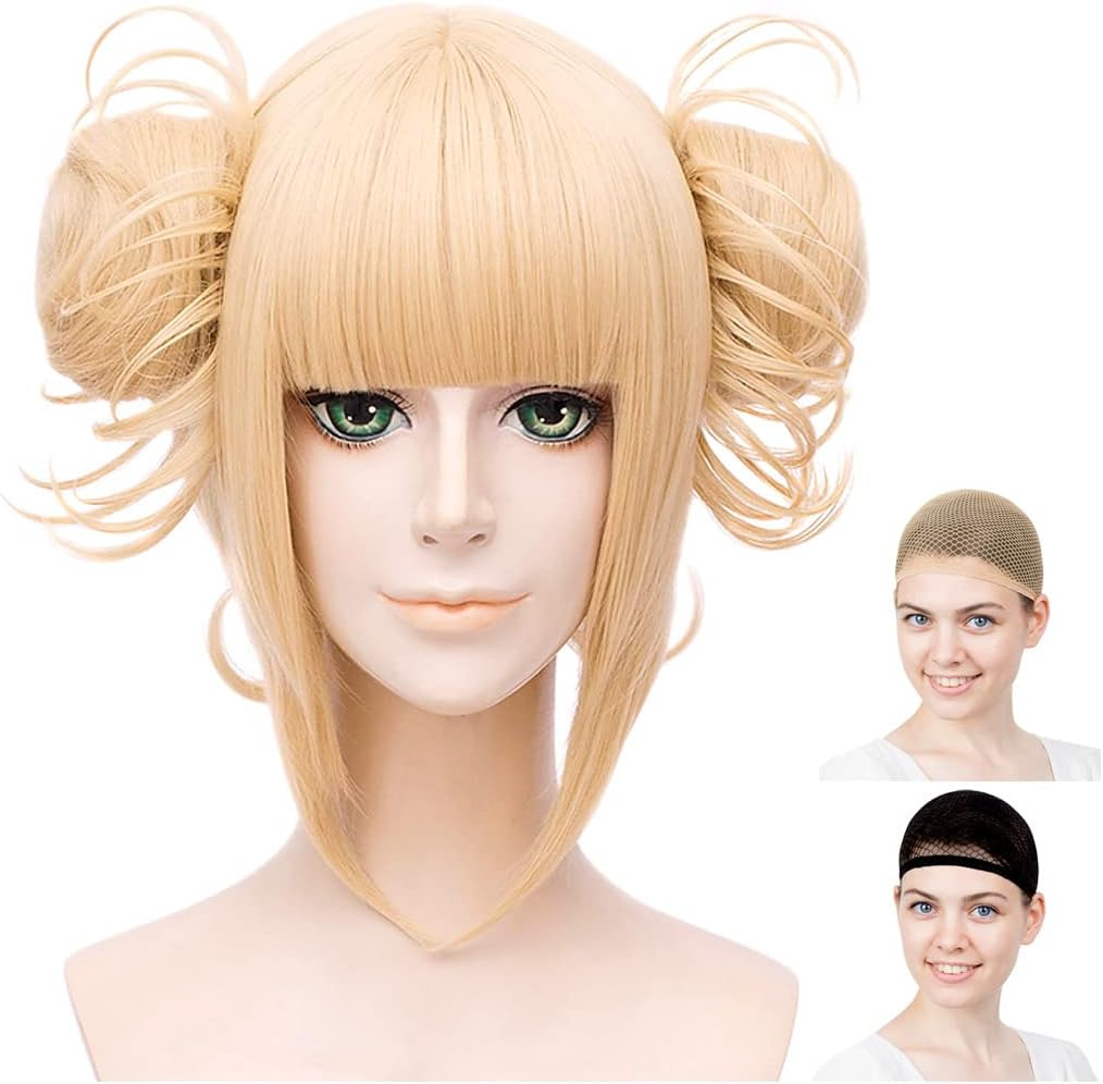 Caseeden My Hero Academia Cosplay Wig, Toga Himiko Wataga Bun, with Bance, Short, Gold, Blonde, Gold, White Merce Wig Net, Set of 2
