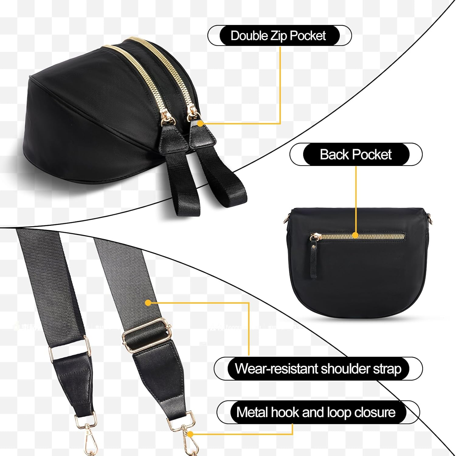 Bum Bag, Sling Bag for Women, Belt Chest Checkered Crossbody Bags, Spacious Nylon Purse Fanny Waist Packs with Shoulder Strap image number 2