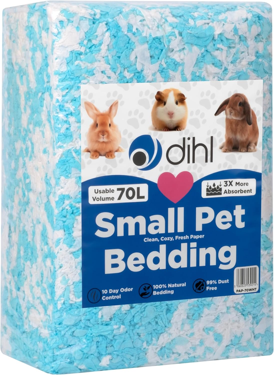 Dihl 70 Litre, Blue, Super Absorbent Paper Bedding for Small Animals. Absorbs 6 Times Its Weight in Liquid. Hamster, Mice, Rat, Rabbit, Guinea Pig Gerbil Cage Substrate &ndash; 70L