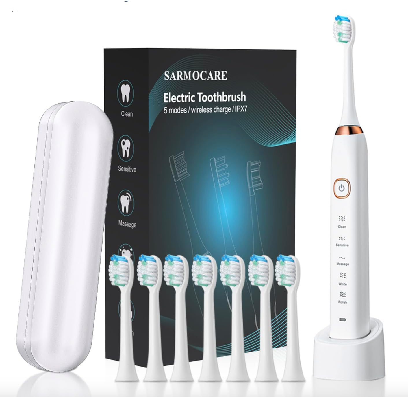 Smart Sonic Toothbrush &ndash; Rechargeable 600Mah Battery, Sleek White Design, Complete Set with 8 Brush Heads, Charging Stand & Portable Travel Case | Long-Lasting Electric Toothbrush for Home, Office, Travel & Everyday Oral Care image number 5