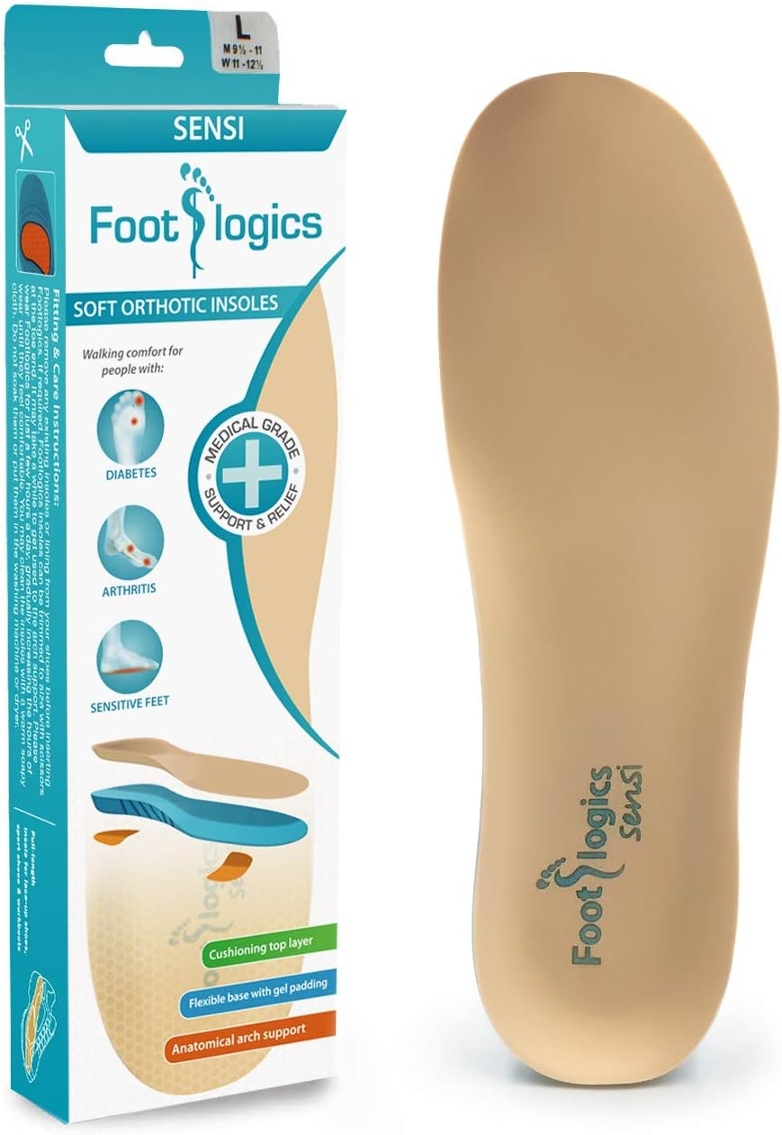 Footlogics Sensi Orthotic Insoles, Ideal for Diabetes, Arthritis, and Sensitive Feet, Reduce Pressure and Friction, Evenly Distributes Force, Flexible, Soft, and Supportive, Full Length, X-Large, Pair
