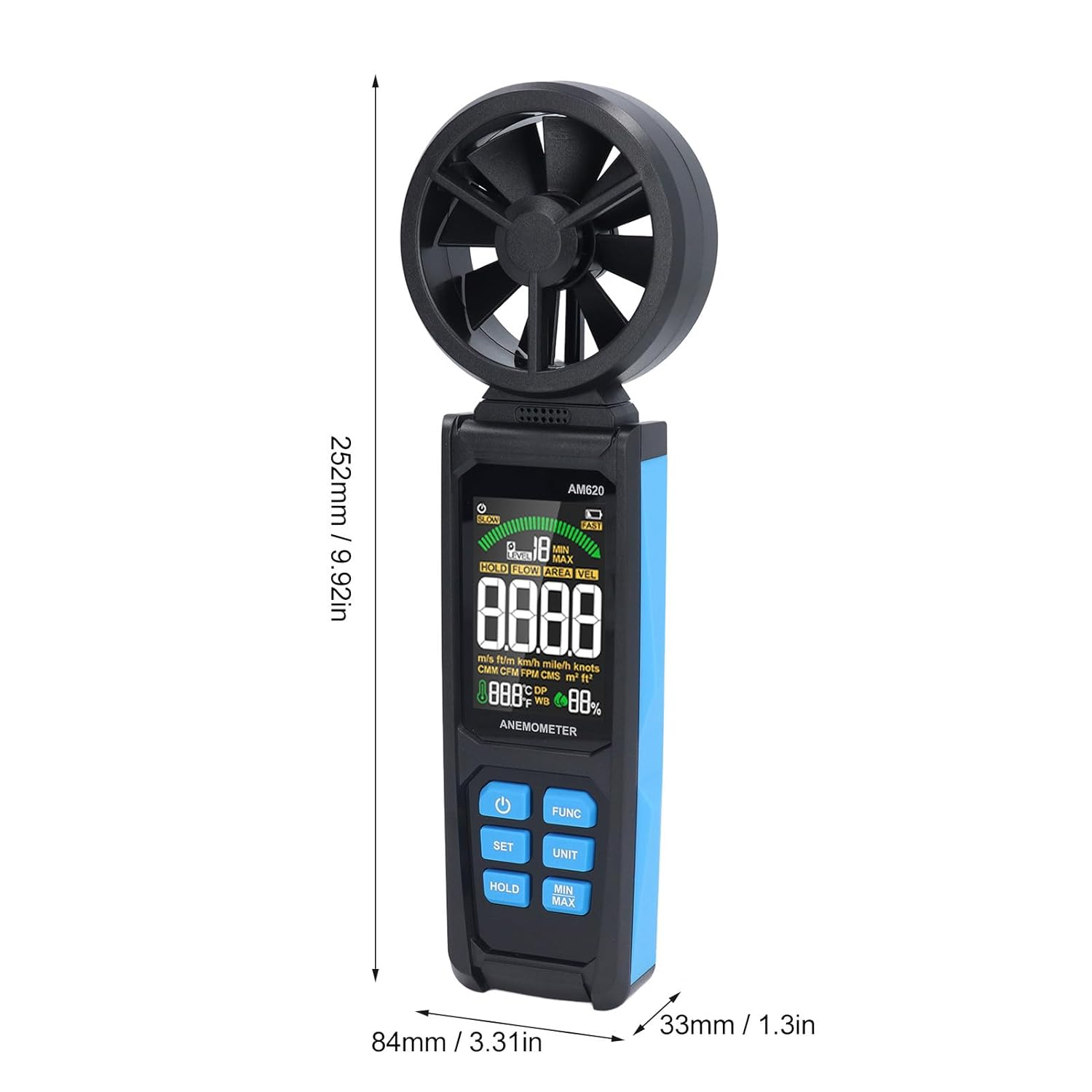 Digital Anemometer with Eight Blades and Sensor ABS Air Velocity Meter 180&deg; Rotating Fan with Backlit Screen for Wind Energy Meteorology image number 5