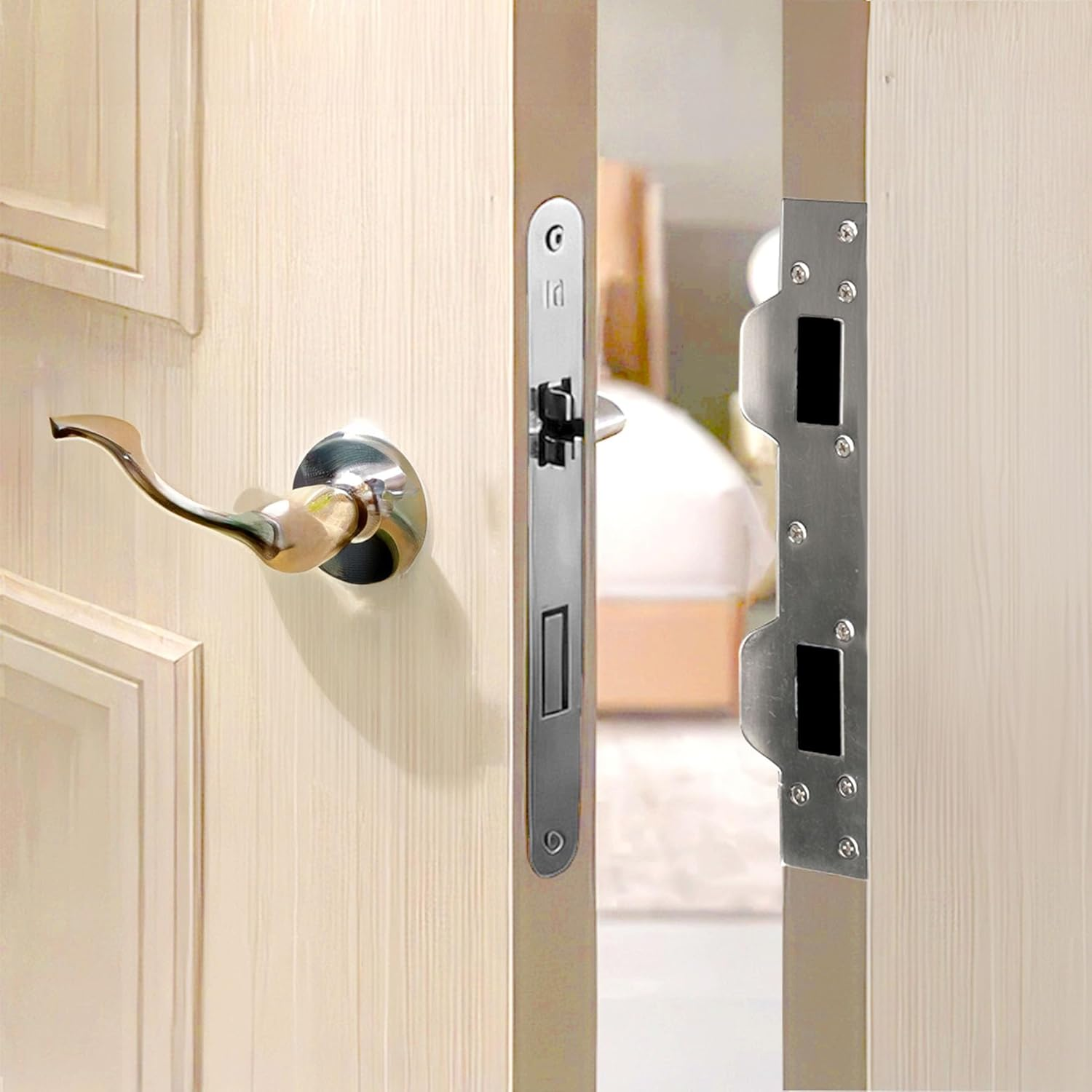 Door Strike Plate Reinforcement Plate, Front Door Strike Plate, Double Strike Plate for 5-1/2 In. Hole Centers, Heavy Duty, Front Door Security Devices Door Latch Plate (Satin Nickel, 1 Pack)