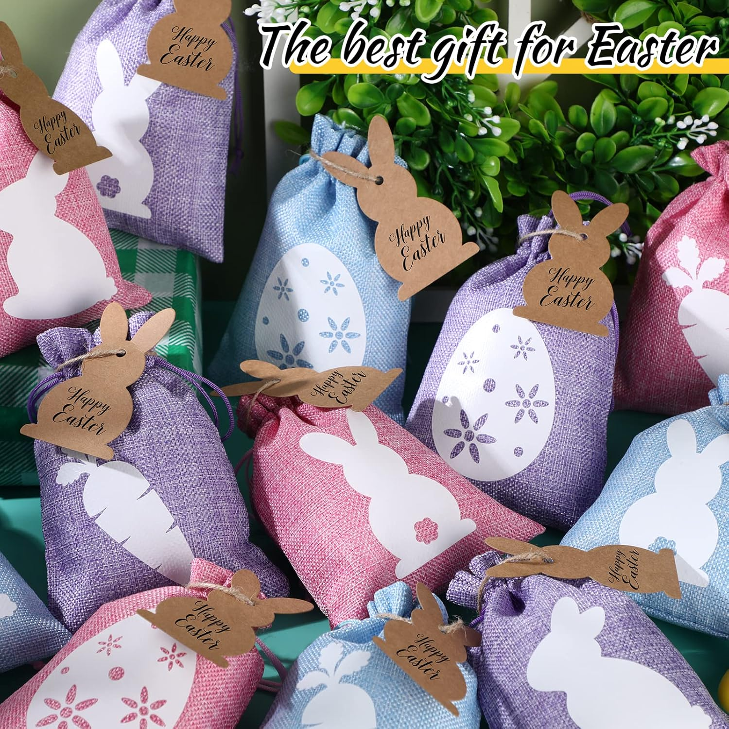 24 Pcs Easter Burlap Drawstring Bags Easter Burlap Bags with Drawstrings Bunny Linen Goody Gift Bags with Double Jute Drawstrings Easter Bags Burlap Easter Bunny Bags for Easter Party (Bright Style) - Cute Style image number 2