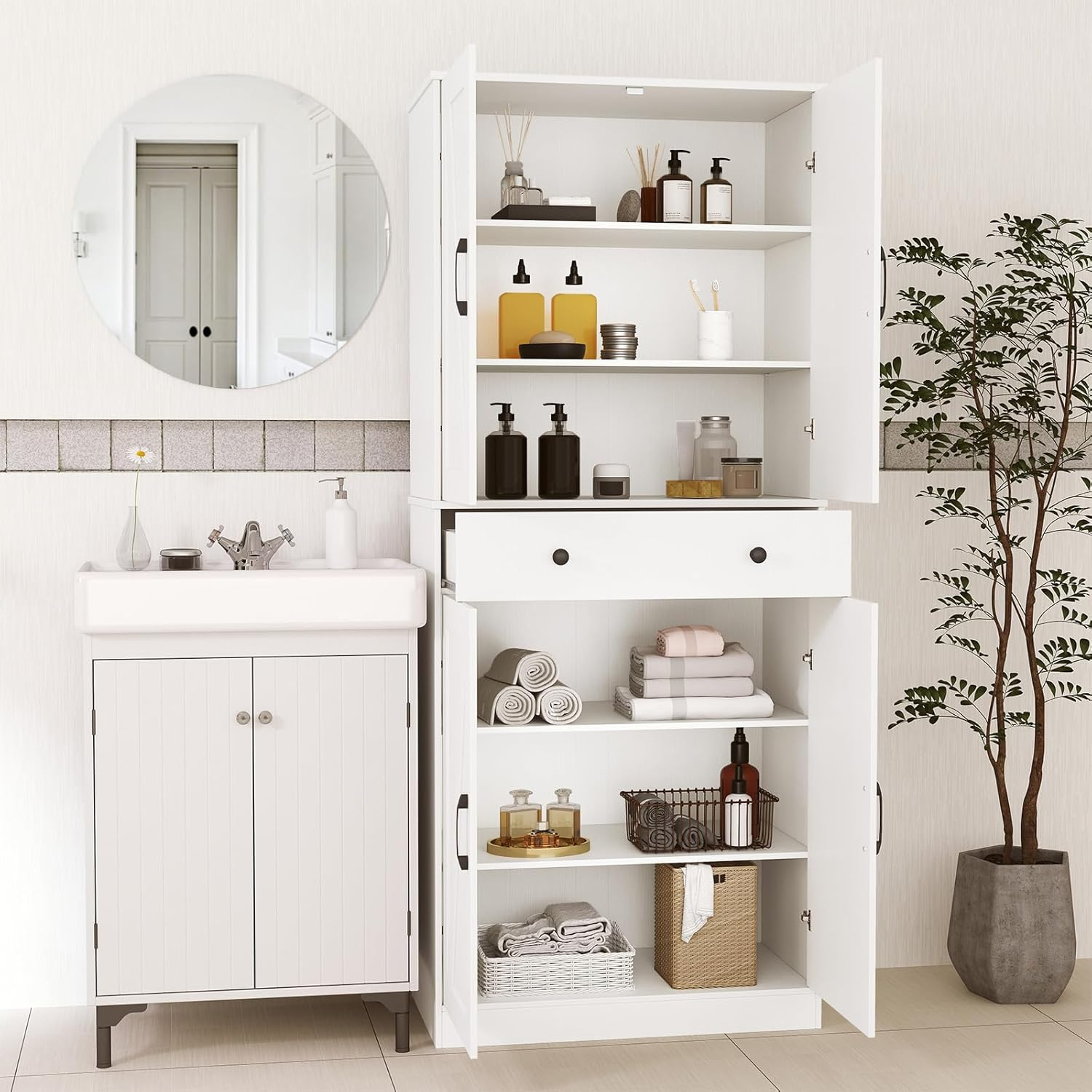 Giantex 183Cm Tall Kitchen Pantry, Modern Farmhouse, Storage Drawer & 3 Adjustable Shelves, Versatile Storage for Living Room, Dining Room, White image number 5