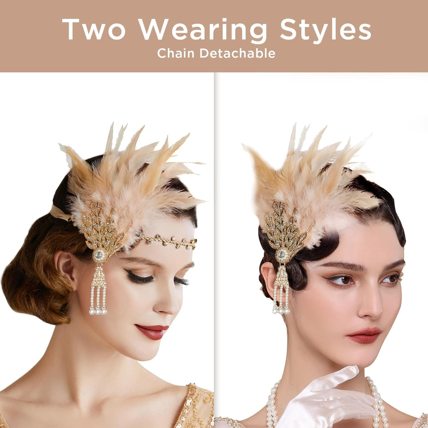 BABEYOND Art Deco 1920'S Flapper Great Gatsby Inspired Leaf Medallion Pearl Headband Feather (Gold and Champagne Feather) - Gold image number 3