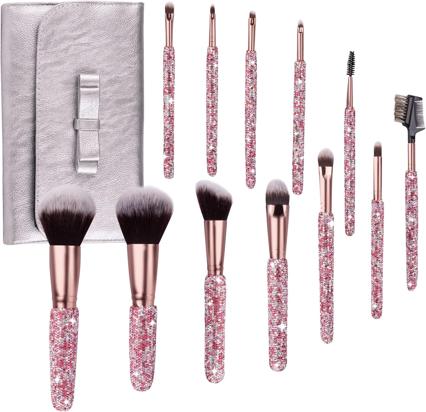 Makeup Brushes Bling Crystal Professional Face Cosmetics Blending Liquid Foundation Powder Concealer Eye Shadows Make up Beauty Tool Glitter with Pouch Bag Kit Purely Handmade (12PCS) (White)