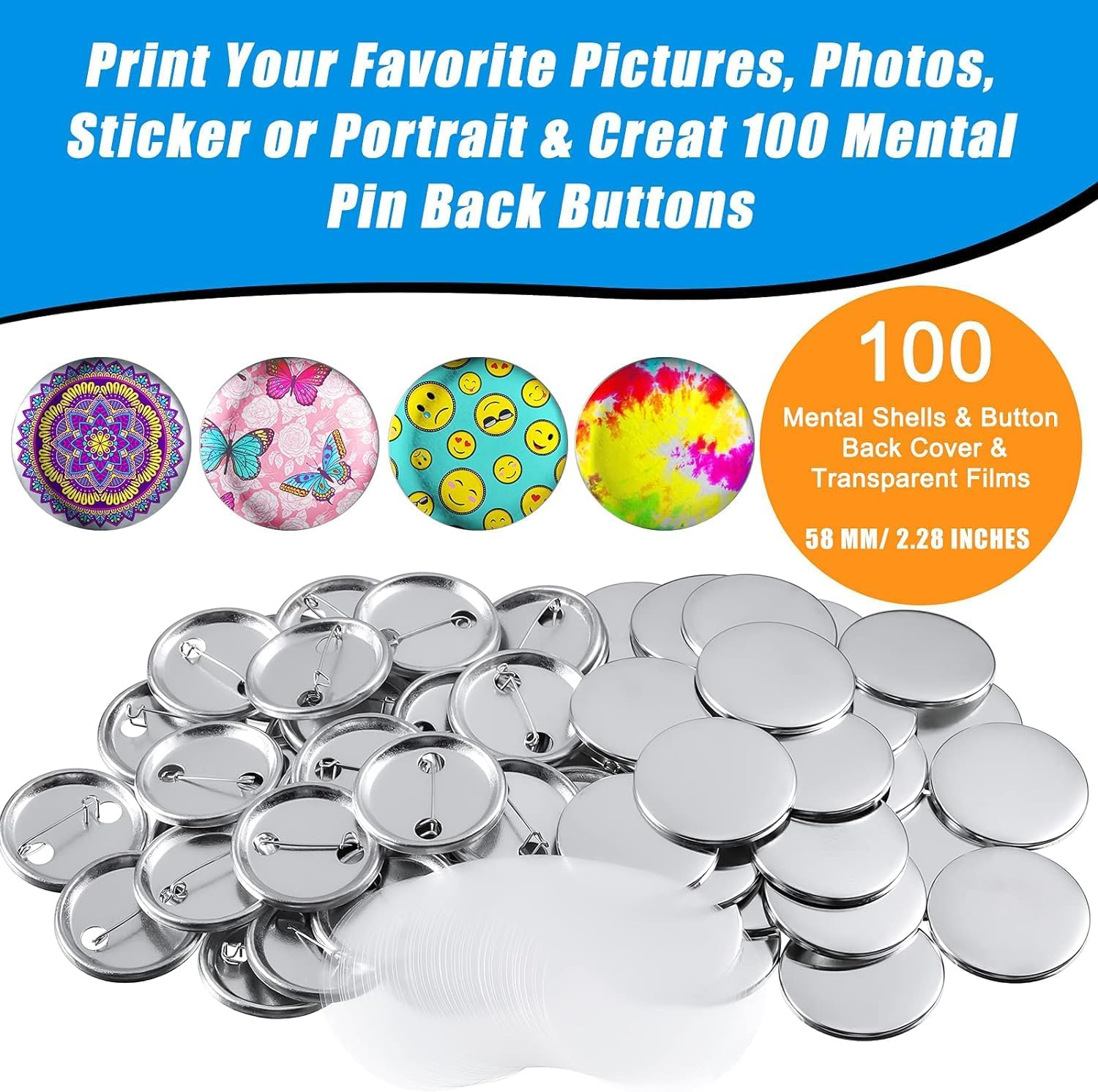 100 Pieces Blank Button Making Supplies round Badge Button Parts Metal Button Pin Badge Kit for Button Maker Machine, Including Metal Shells Back Cover and Clear Film (Tinplate,2.28 Inch) image number 1
