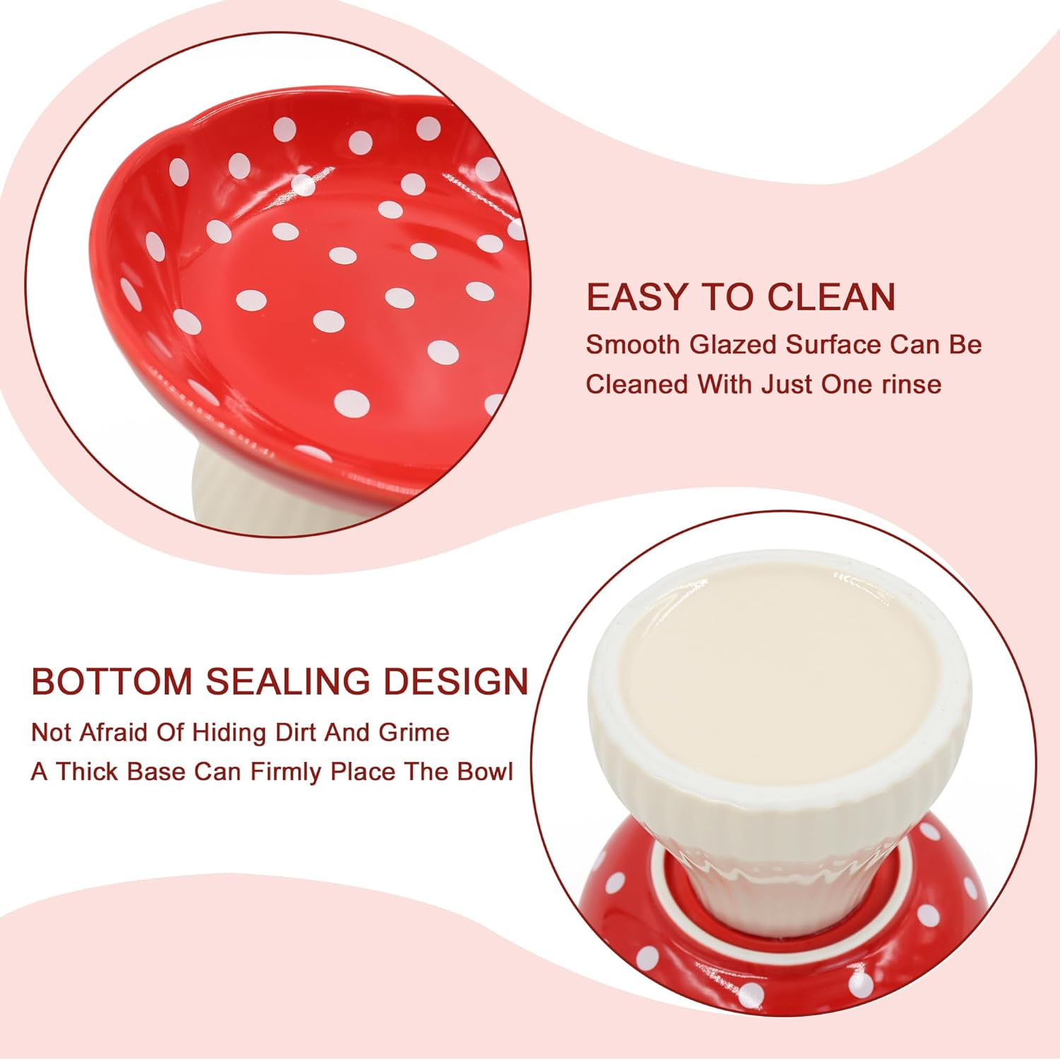 Ceramic Raised Cat Bowl, Wide Shallow Elevated Cat Bowls Whisker Friendly, Cute Mushroom Cat Food Bowls Elevated for Flat Faced Kitten, Cat Dishes for Food and Water (Red) image number 3