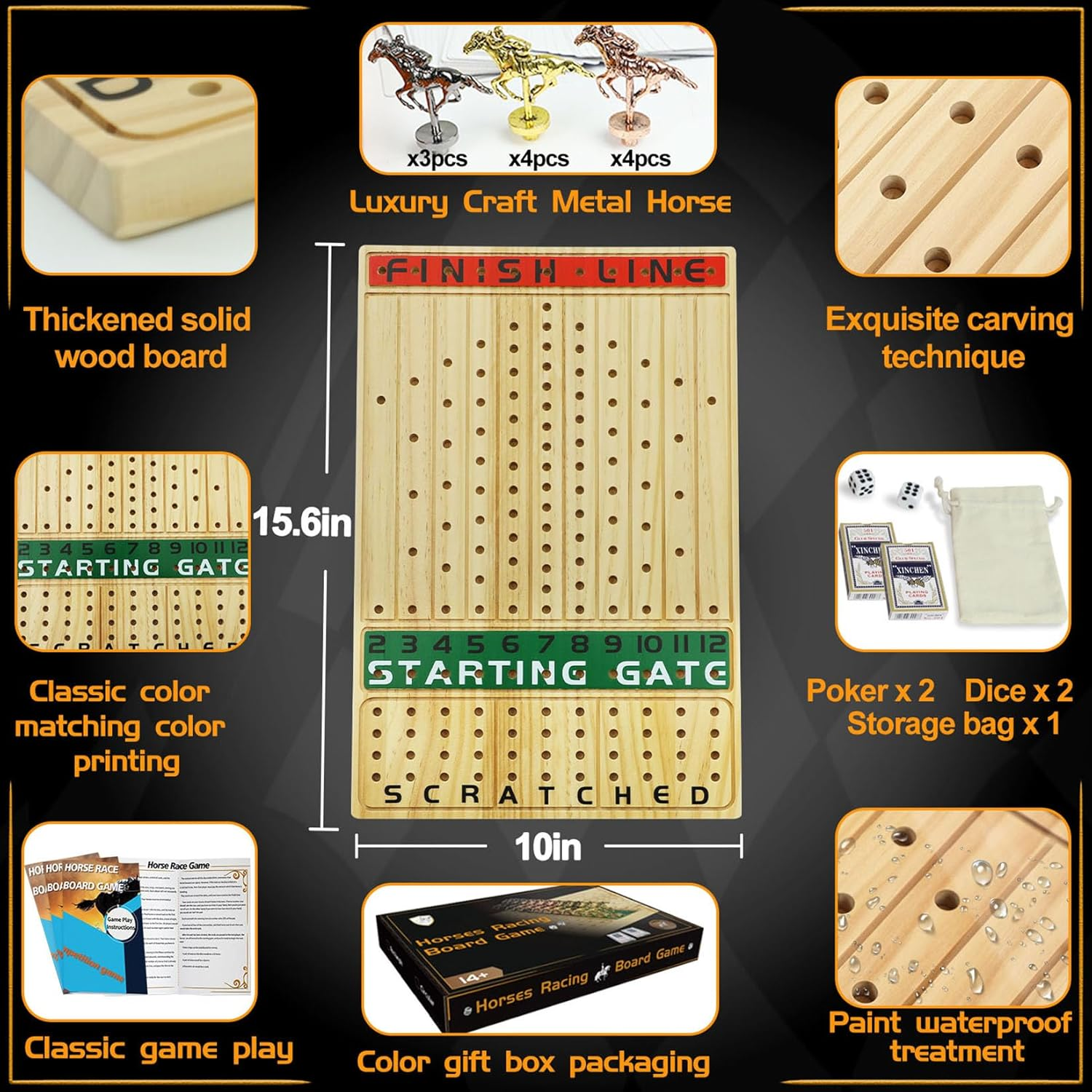 Horse Racing Board Game Solid Wood with 11 Luxury Metal Horses Thickened Pine Finish LINE Race Game Chessboard Including 2 Sets of Dice and 2 Boxes of Cards(Log Color) image number 2