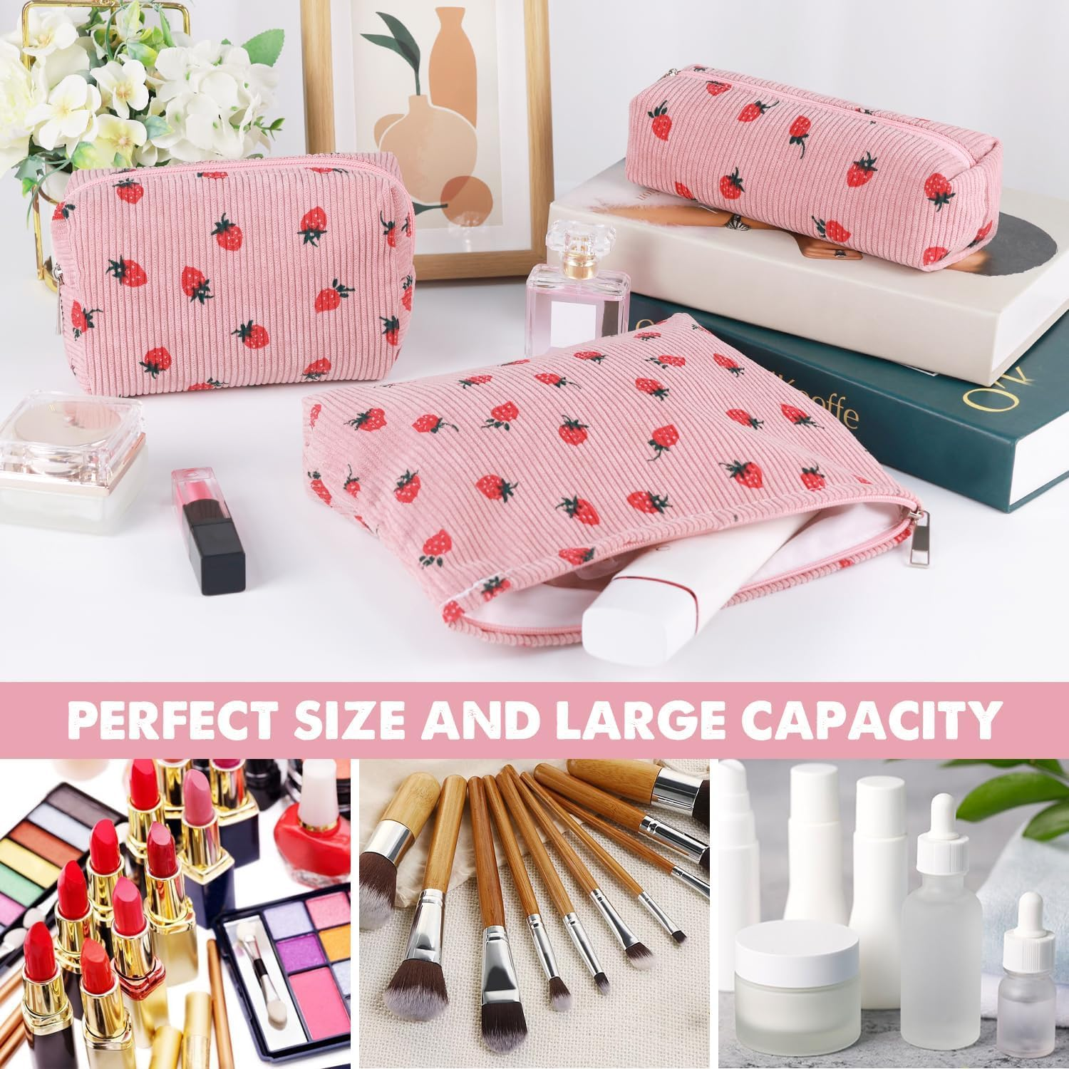 3 Pcs Checkered Makeup Bag Cosmetic Bag Set for Girls Women, Travel Organizer Bathroom Toiletry Pouch Large Capacity Storage Bag (Strawberry Pink) - Strawberry Beige image number 4