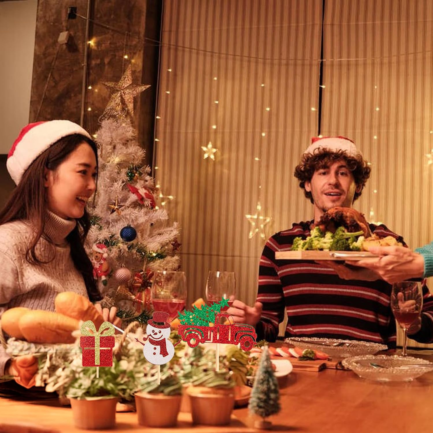 60Pcs Merry Christmas Cupcake Toppers, Glitter Christmas Eve Xmas Cupcake Picks Christmas Tree Cupcake Toppers for Christmas Theme New Year Holiday Party Cake Decorations,Mix Style image number 1