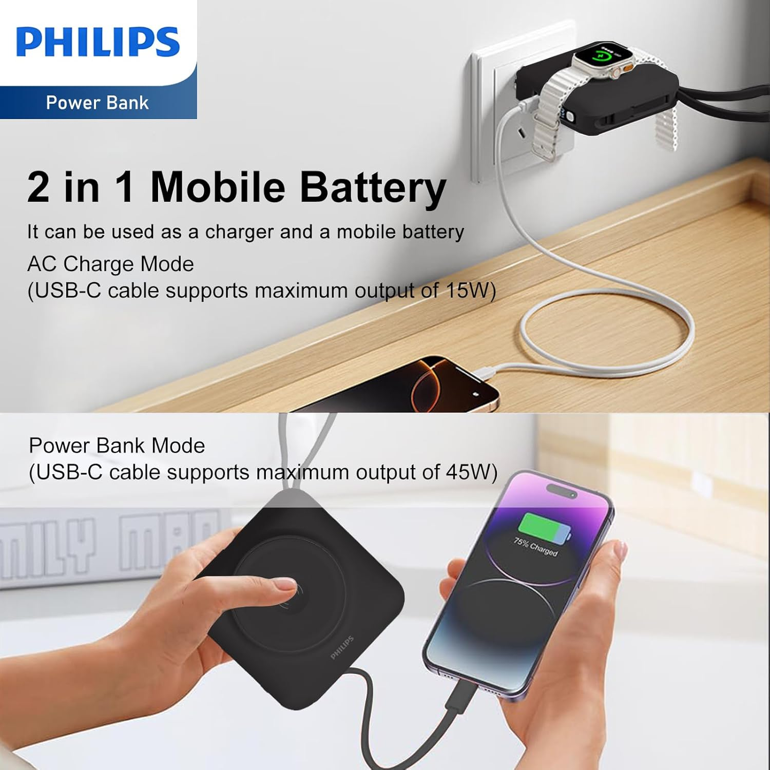 PHILIPS Power Bank Wireless| 15000Mah Powerbank Built-In Cable 5 in 1 Portable Battery Pack, Magnetic Universal Travel Fast Charging Adapter (UK,EU,AU) Compatible with Magsafe Iphone,Airpod, Iwatch image number 4