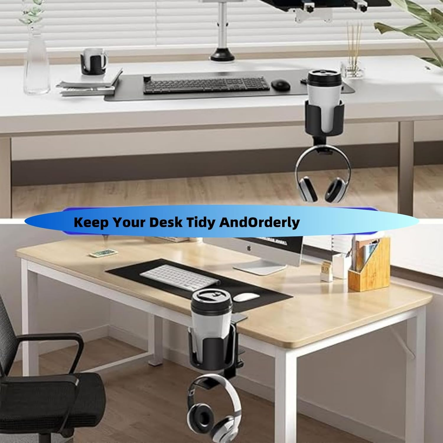 2 in 1 Desk Cup Holder with Headphone Hanger Holder,Adjustable Anti-Spill Tumbler Holder,For Desk or Table Clip on Tumbler Holder Nonslip Tableside Cup Holder,For Coffee Water Cups Headphone image number 2