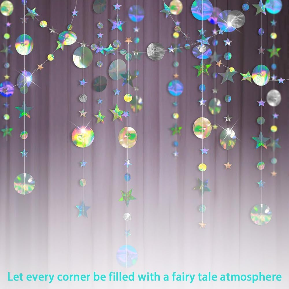 MOTRAIN Iridescent Star Moon Circle Dot Garland Party Decoration Set, Hanging Twinkle Star Banner Backdrop, Little Star Iridescent Party Supplies for Kids Birthday Wedding Festival Engagement image number 4