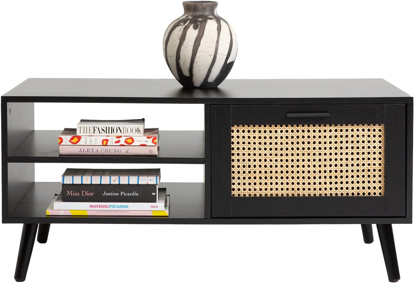 Casa Decor Coffee Table Tulum Rattan Practical Storage Space 2 Shelves Drawer Sturdy Durable Living Room Furniture (Black)