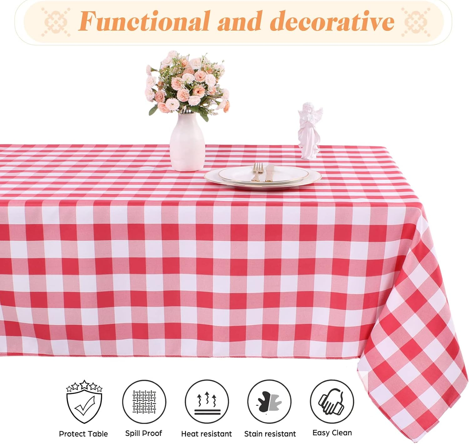 Kesfey Red Gingham Tablecloth Polyester 140X200Cm, Rectangle Checkered Tablecloth Spillproof and Wrinkle Resistant for Outdoor and Indoor Use, Plaid Table Cloth Wipe Clean