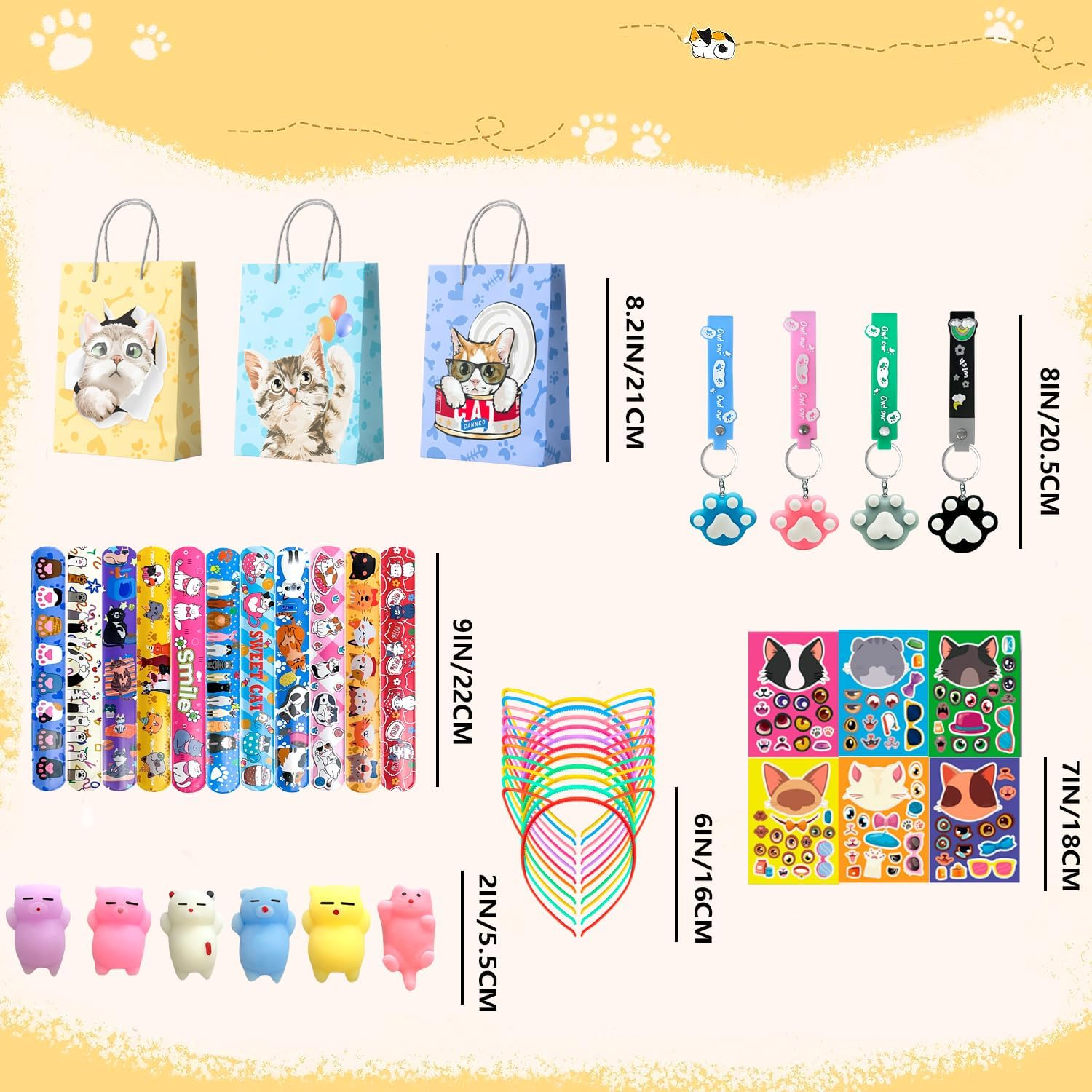 Cat Party Favors, 72Pcs Kitty Party Favors Set Including Cat Goodie Bags Ears Headband Stickers Keychains Slap Bracelets Etc Cat Themed Party for Birthday Decorations Supplies image number 6