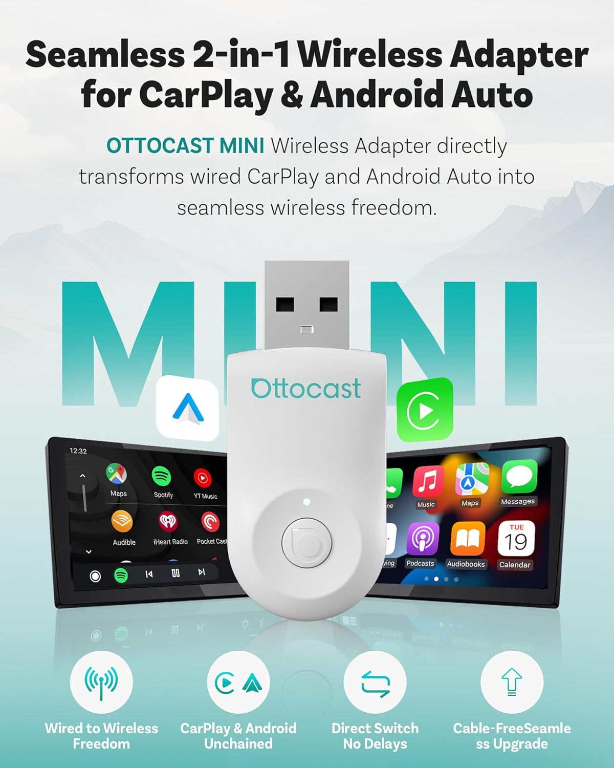 OTTOCAST Mini 2025 Wireless Carplay & Android Auto 2-In-1 Adapter, Plug & Play, 5Ghz Wifi, Auto Connect for Iphone & Android, Fits 98%+ OEM Wired Carplay Cars（Ca505-T1-White） image number 1