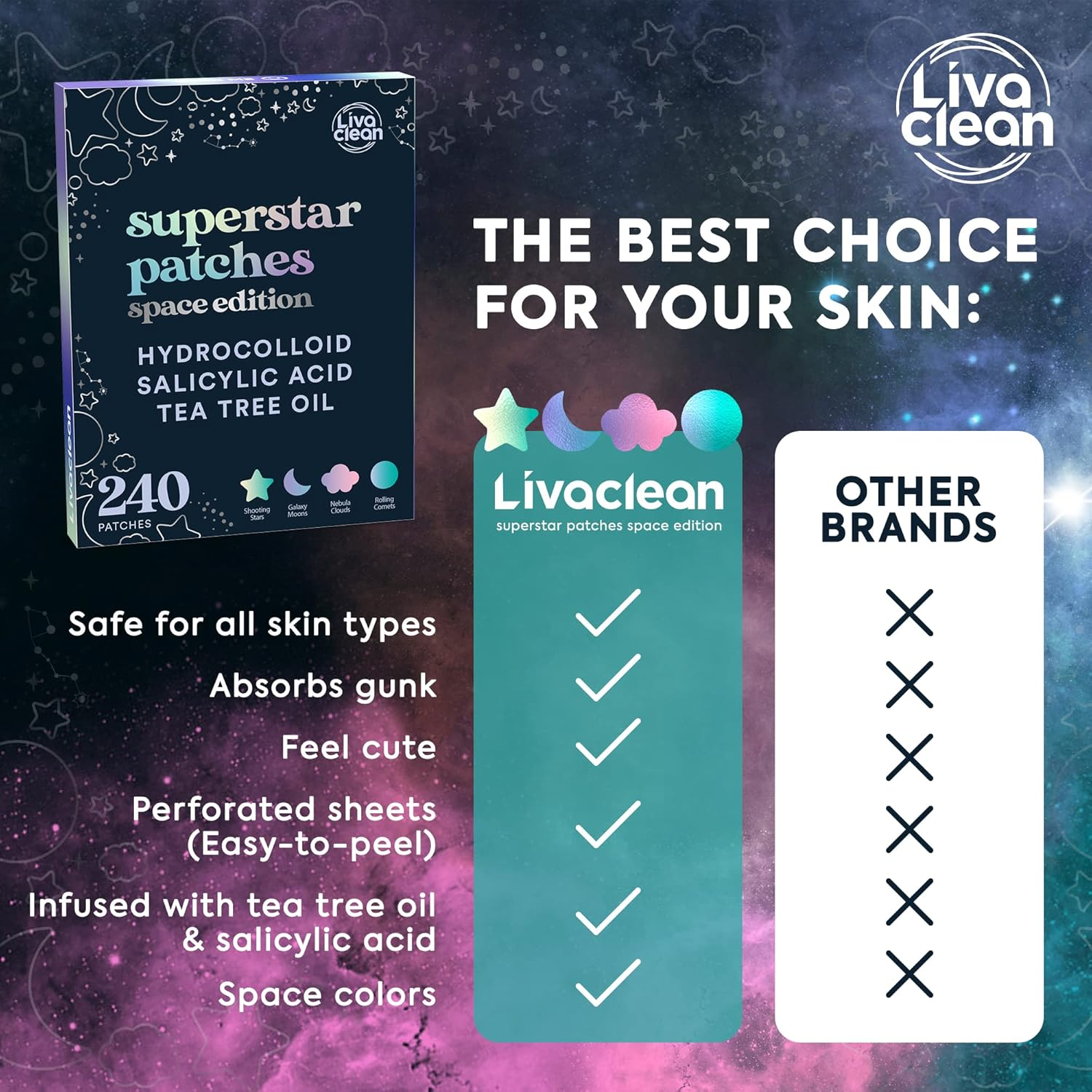 Livaclean 240 CT Holographic Cute Acne Patches - Space Edition W/Salicylic Acid & Tea Tree Oil for Face - Hydrocolloid Star Pimple Patches image number 6