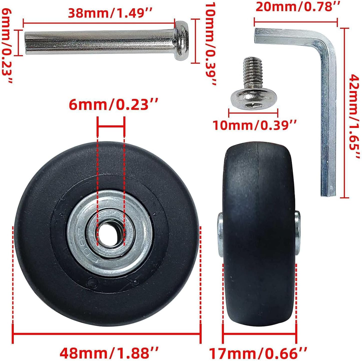 Luggage Suitcase Replacement Wheels 360 Spinner Wear Resistant Rubber Caster Deluxe Repair Tool Kits with Metal Bearings Axles M6 X 36Mm, Black, 60Mm X 18Mm X 6Mm, 2Pcs image number 1
