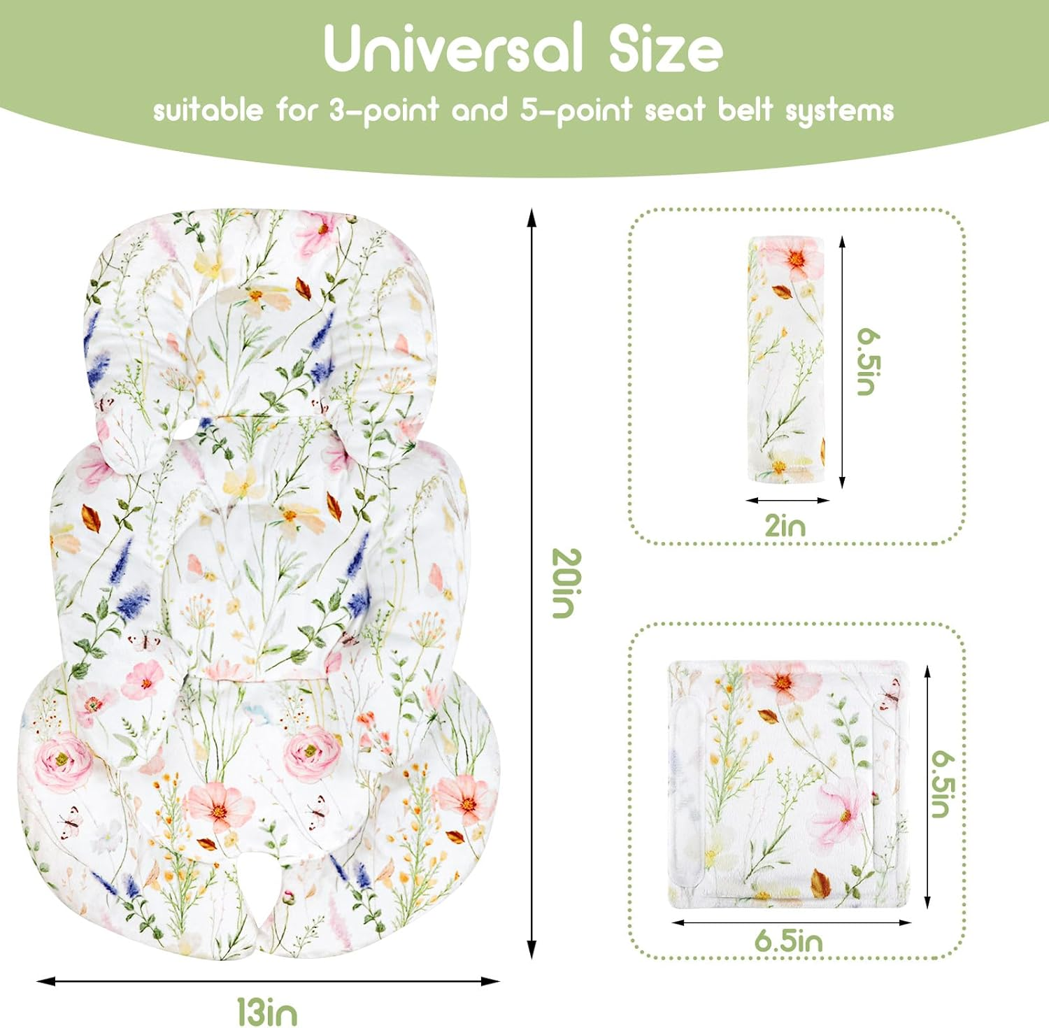 Infant Car Seat Insert Cushion, Super Soft Baby Car Seat Head Support & 2 Straps Pads, Reversible Preemie Newborn Carseat Insert, Fit Car Seat, Stroller, Infant Bouncer, Wildflowers image number 1