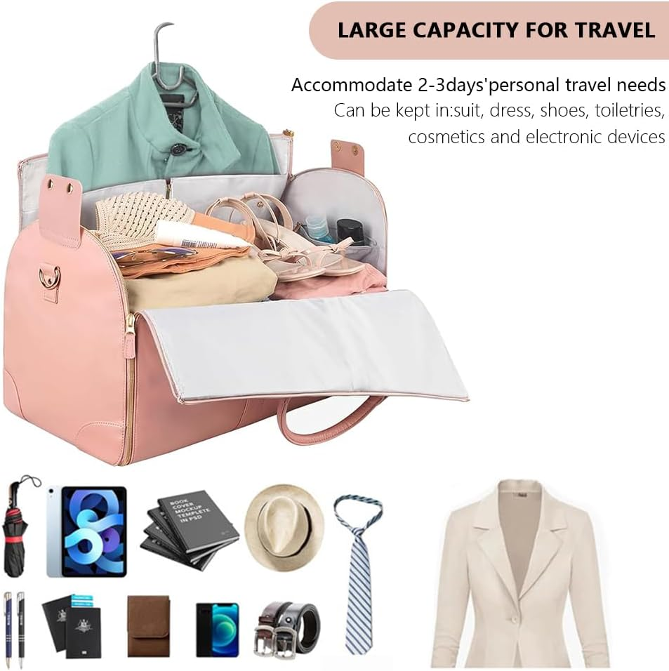 Convertible Garment Duffle Bag for Travel, 3-In-1 Carry on Foldable PU Leather Weekender with Shoe Pouch, Pink image number 3