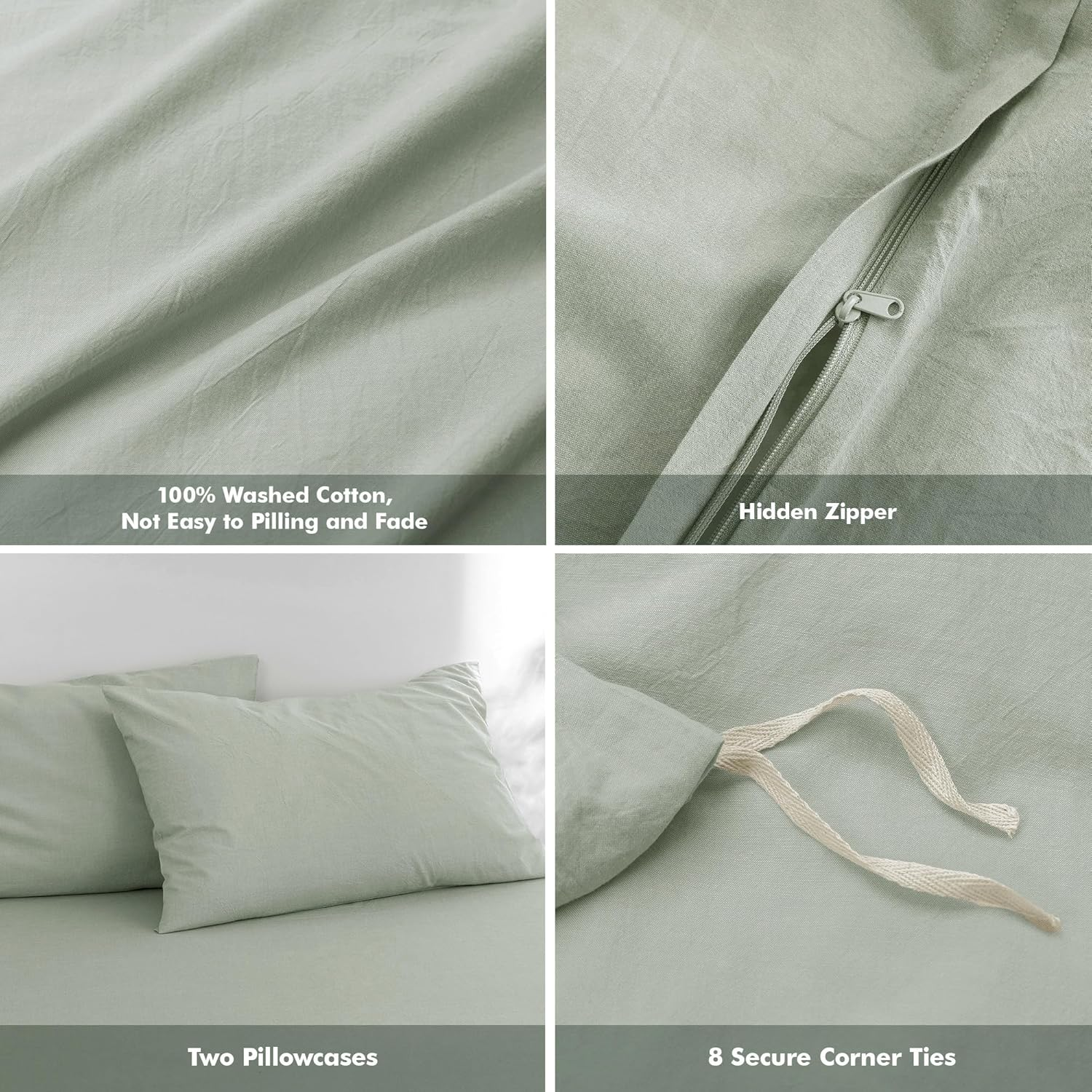 FOSSA Duvet Cover Set 100% Washed Cotton Linen Feel Super Soft Breathable Cozy 3 Pieces Bedding Sets Solid Sage Green Queen image number 7