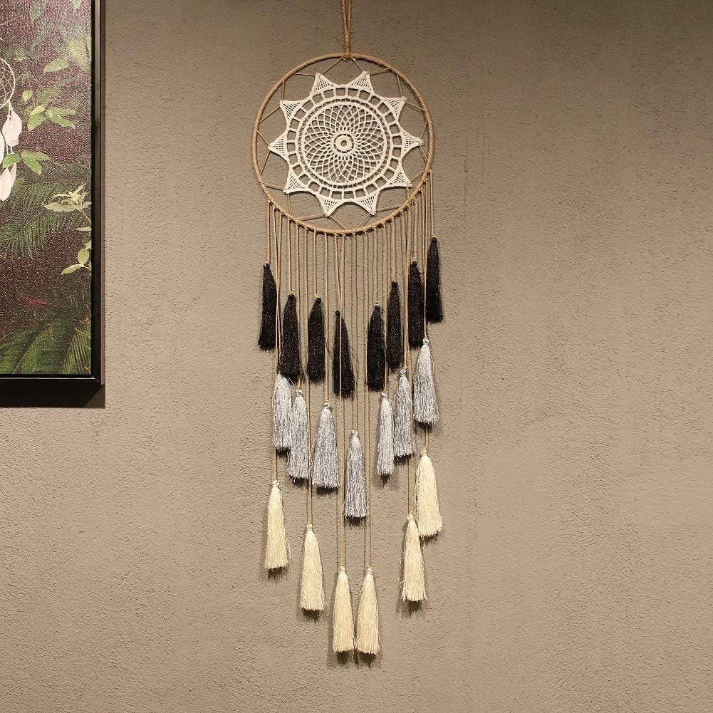 Macrame Dream Catchers for Bedroom Tassel Wall Hanging Handmade Dreamcatchers Home Decor with Ornament Craft Blessing Gift(Black Grey) image number 2