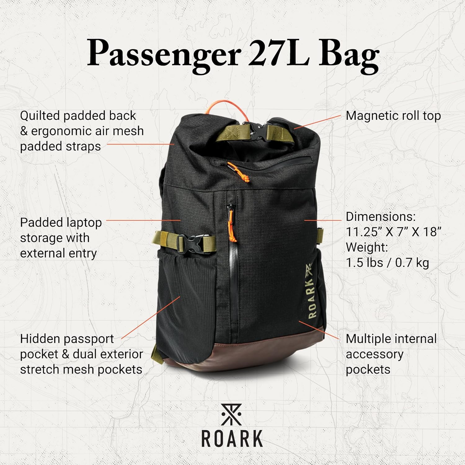 Roark Passenger 27L 2.0 Backpack, Travel Day Pack with Laptop Storage