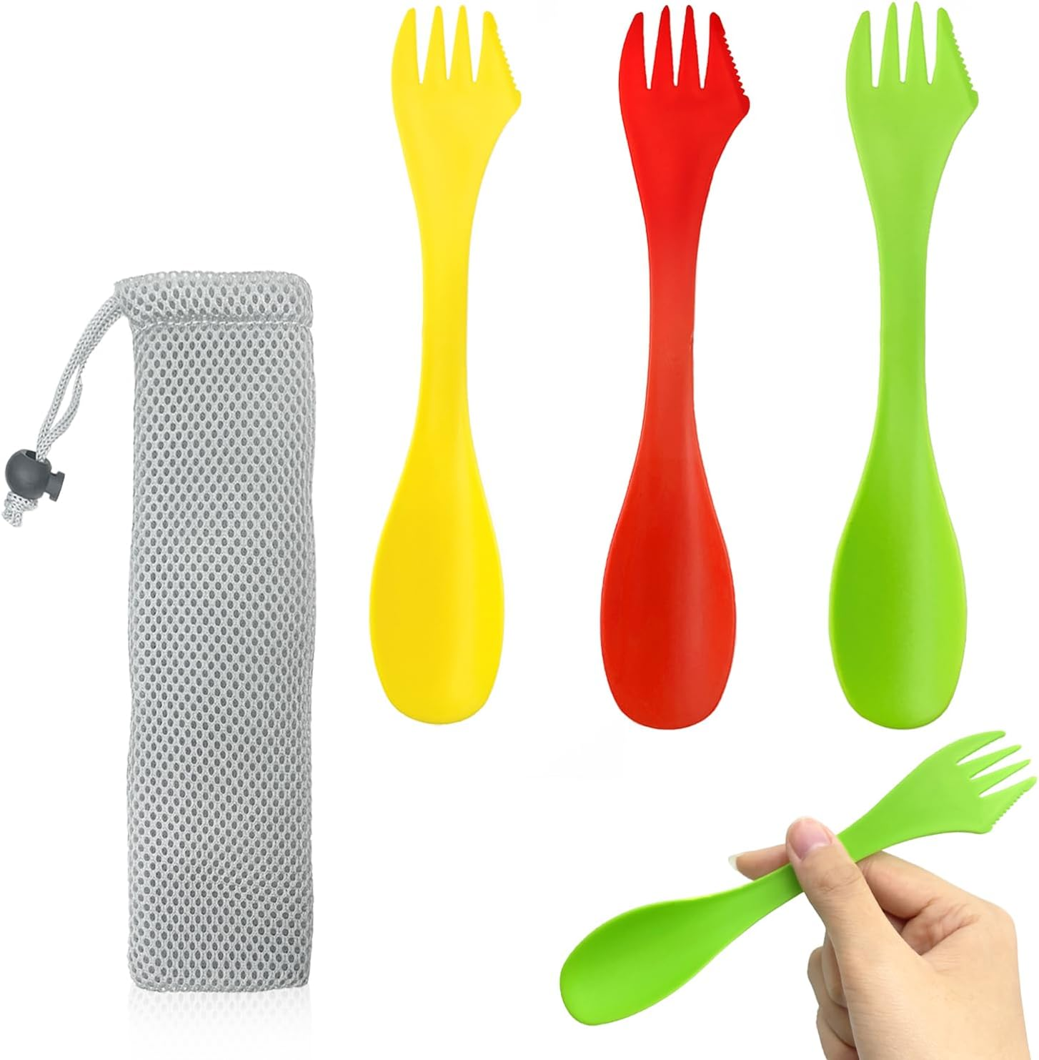 3 Pcs Plastic Spork, 3 in 1 Spork Portable Camping Cutlery Set Reusable Camping Spork Spoon Fork with Portable Pouch for Outdoors, Camping, Hiking Travel (Red&Green&Yellow)