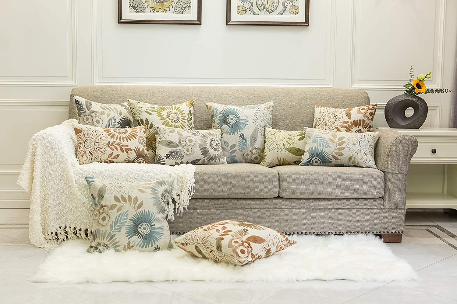 Mika Home Pack of 2 Decorative Throw Pillows Cases Cushion Cover for Sofa Couch Bed,Sunflower Pattern,20X20 Inches,Blue Cream image number 7