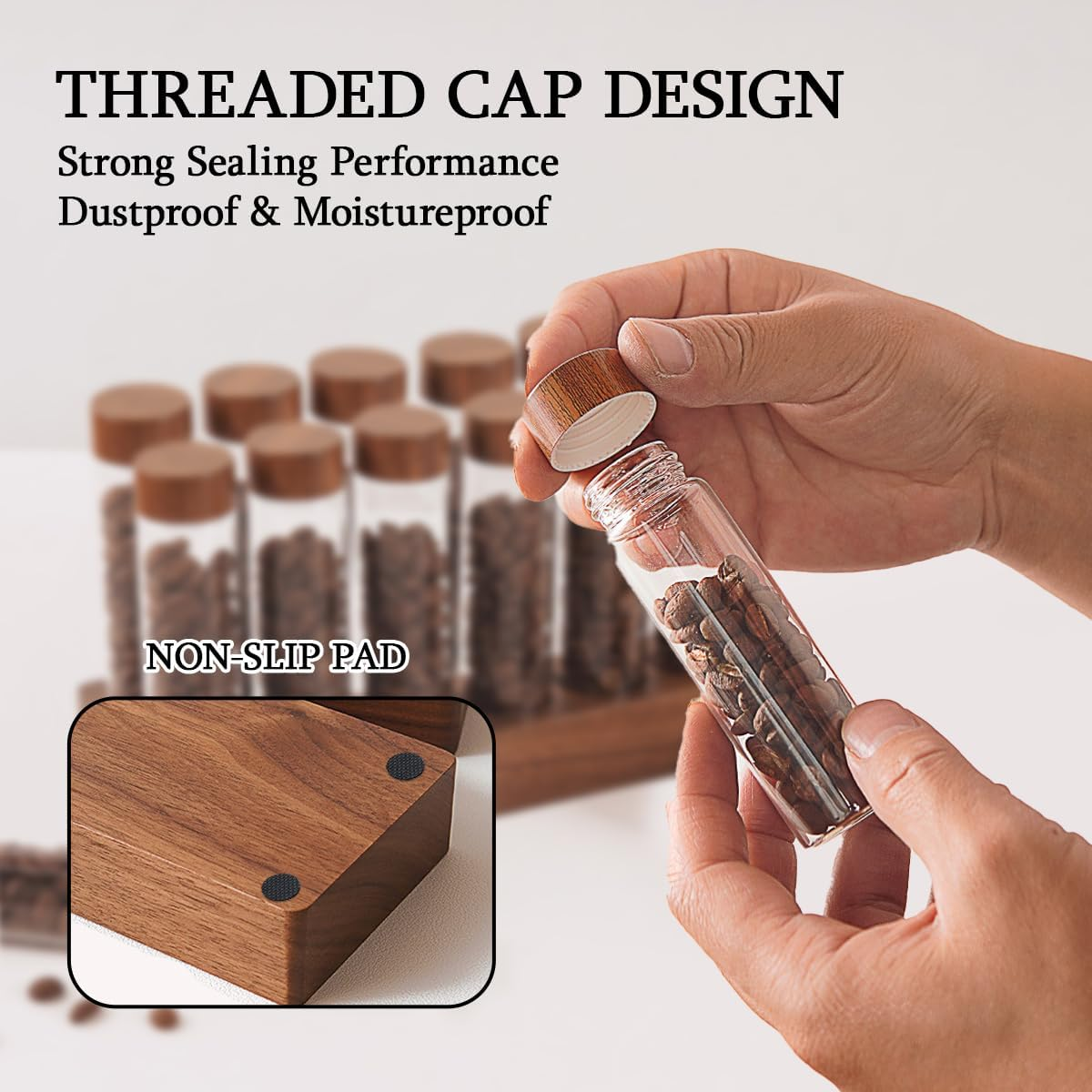 Coffee Bean Storage Tubes with One-Way Exhaust Valve and Airtight Lids, 12 Pack Single Dose Glass Coffee Bean Canisters with Walnut Solid Wood Base, Funnel, Spoon, 2Oz/60Ml image number 3