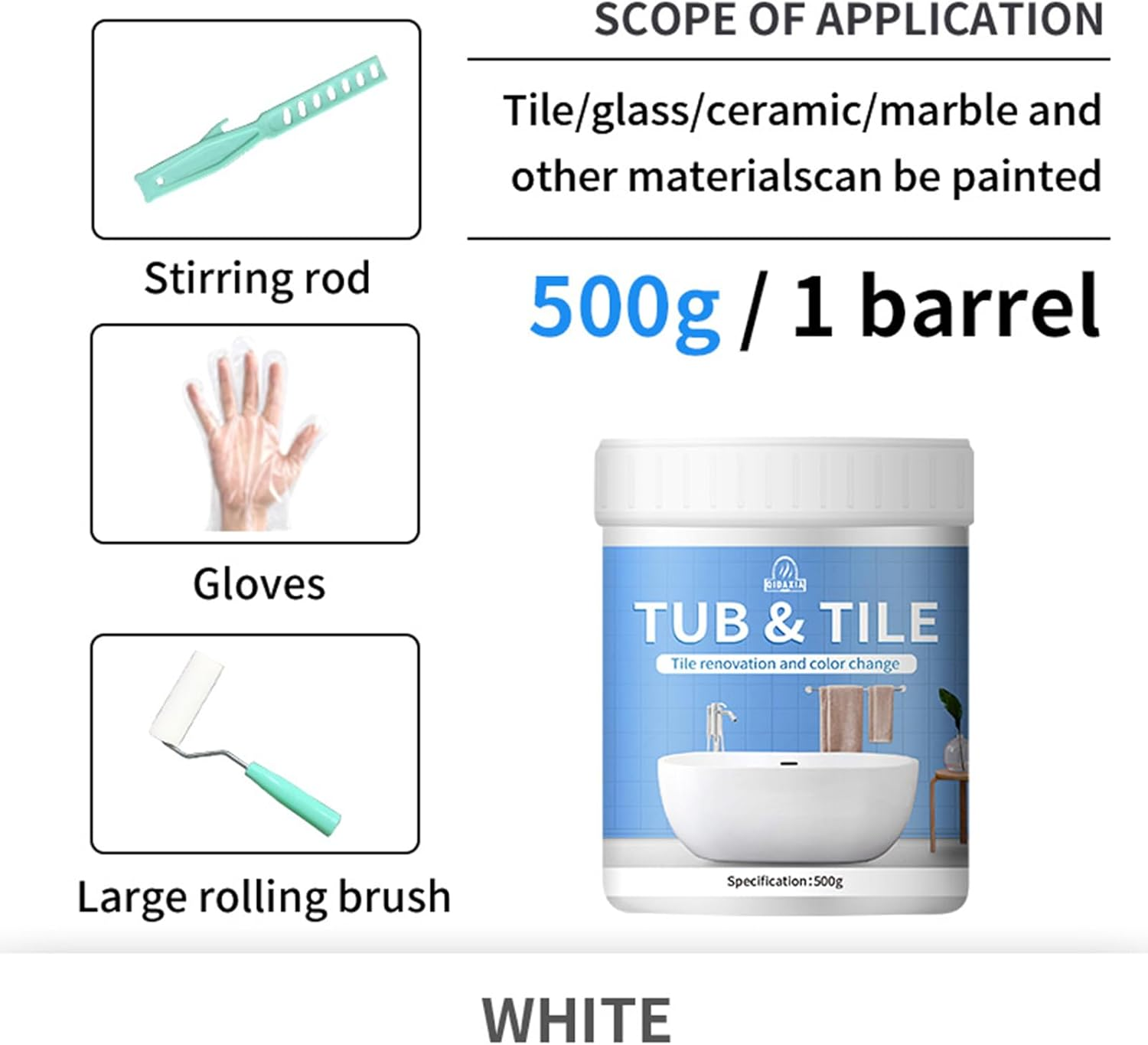 Tub and Tile Paint Kit, Bath Enamel Paint White Repair, 500G White Enamel Touchs-Up Paint, No Undercoat Needed - for High Moisture Surfaces - High Gloss- for Bathtubs, Tiles, Sinks, Showers image number 6