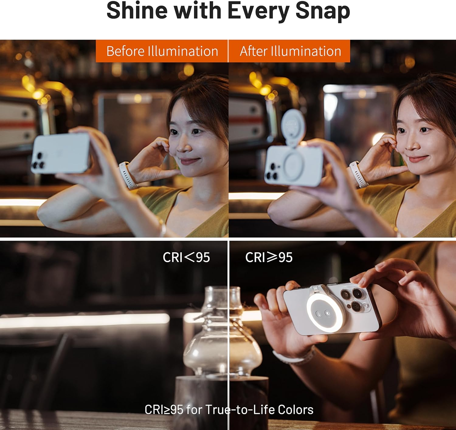 PGYTECH Magglow Phone Fill Light, Magsafe Selfie, Portable LED Magnetic Ring Light with Cool/Soft/Warm for Selfies/Photography/Video, Black image number 4