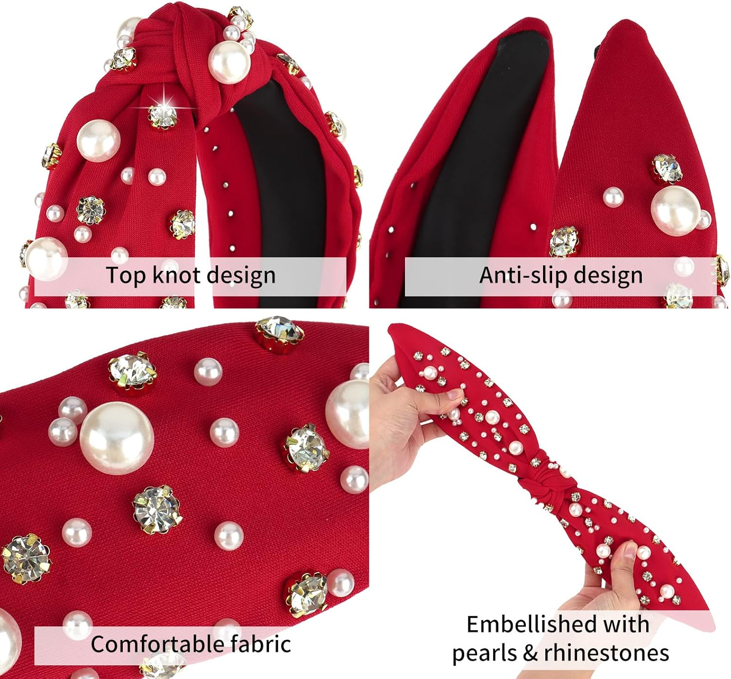 Uintoon Red Headband for Women Pearl Knotted Headband Sparkly Rhinestone Pearls Top Knotted Headbands Womens Fashion Hair Accessories Cute Hair Bands - Brown image number 6