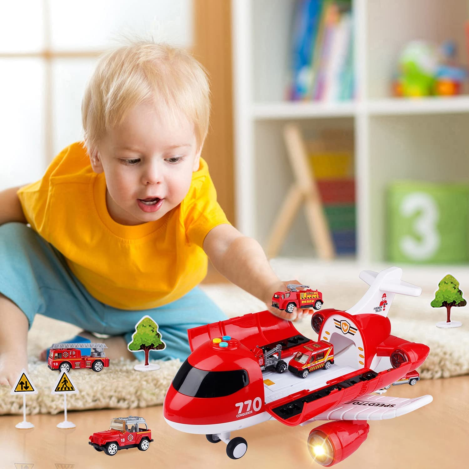 Jenilily Fire Engine Aeroplane Set, Emergency Rescue Plane Toy Cars Play Music Vehicles for 3 4 5 Years Old Boys Kids image number 1