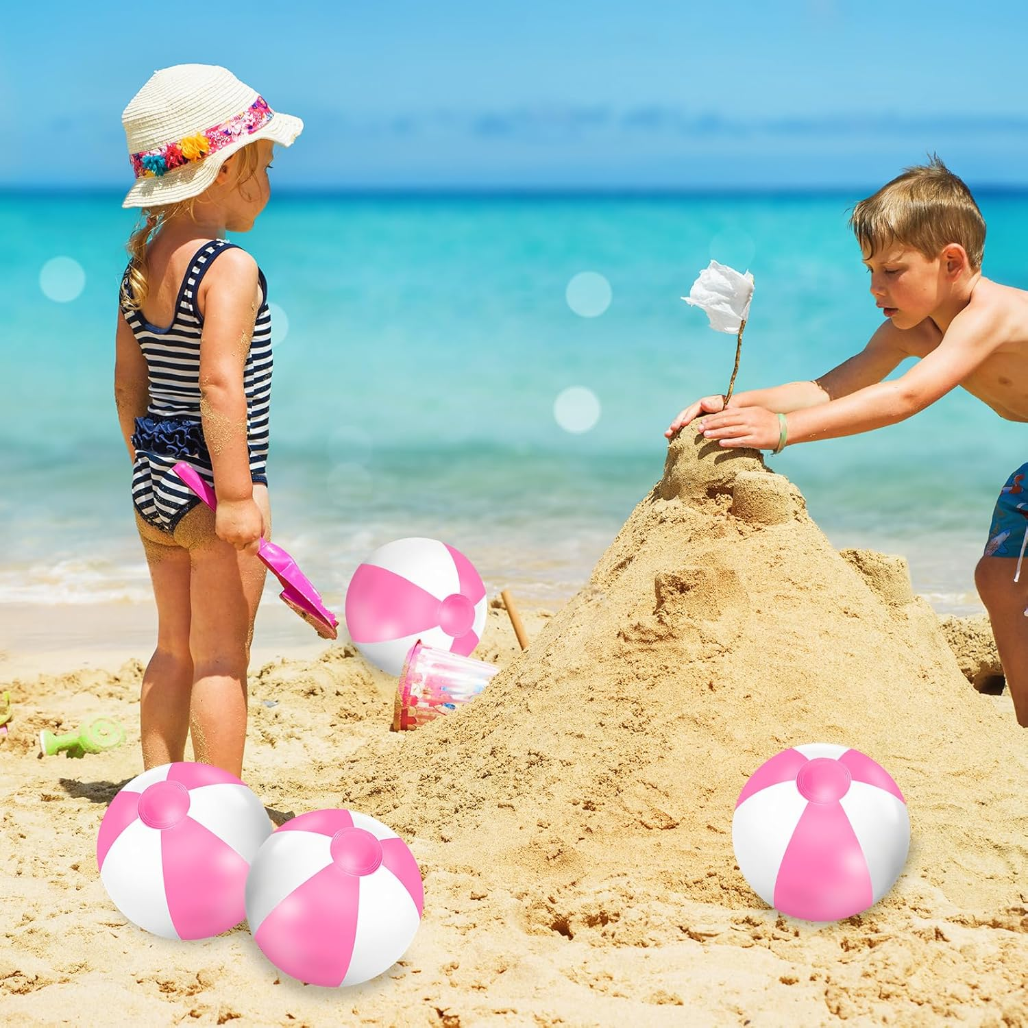 Whaline 3Pcs Inflatable Beach Ball 16'' round Pool PVC Balls Cute Game Toys for Summer Hawaiian Tropical Theme Beach Party Decor