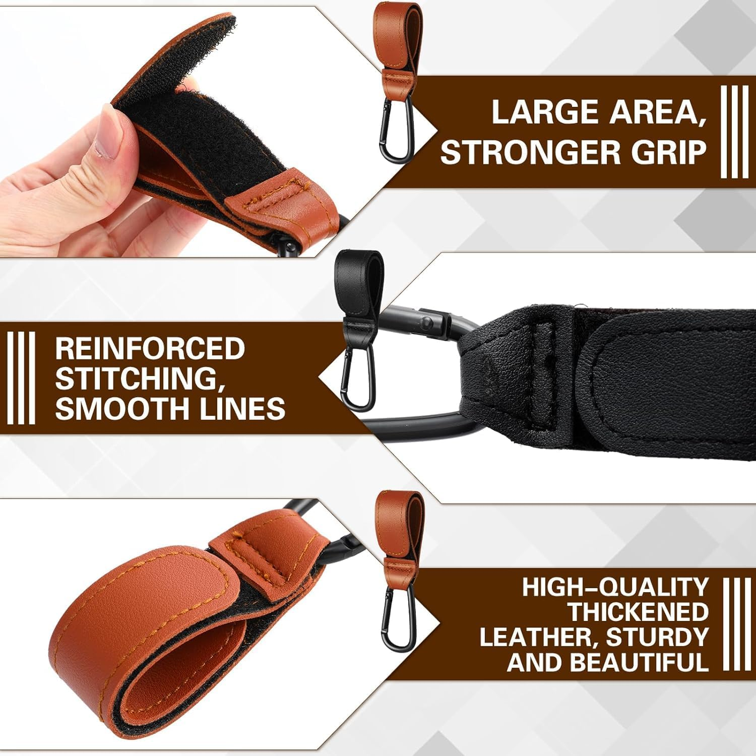 Leather Stroller Hooks Premium Buggy Clips with Carabiner Design Easy-Attach Pushchair Clips for Diaper Bags, Groceries and More Universal, Heavy-Duty, No-Slip Stroller Accessories image number 1