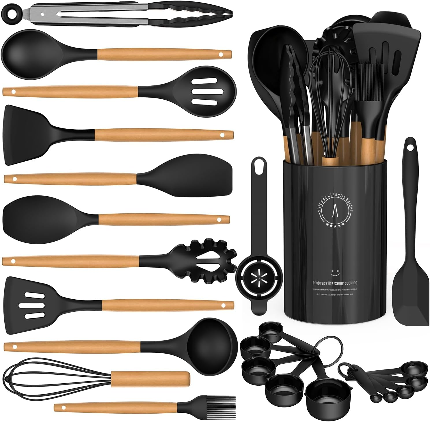 Silicone Cooking Utensils Set - Silicone Kitchen Utensils for Cooking Wooden Handles, 446&deg;F Heat Resistant Kitchen Utensil Spatula Sets W Holder, Gadgets for Non-Stick Cookware BPA Free (Black)