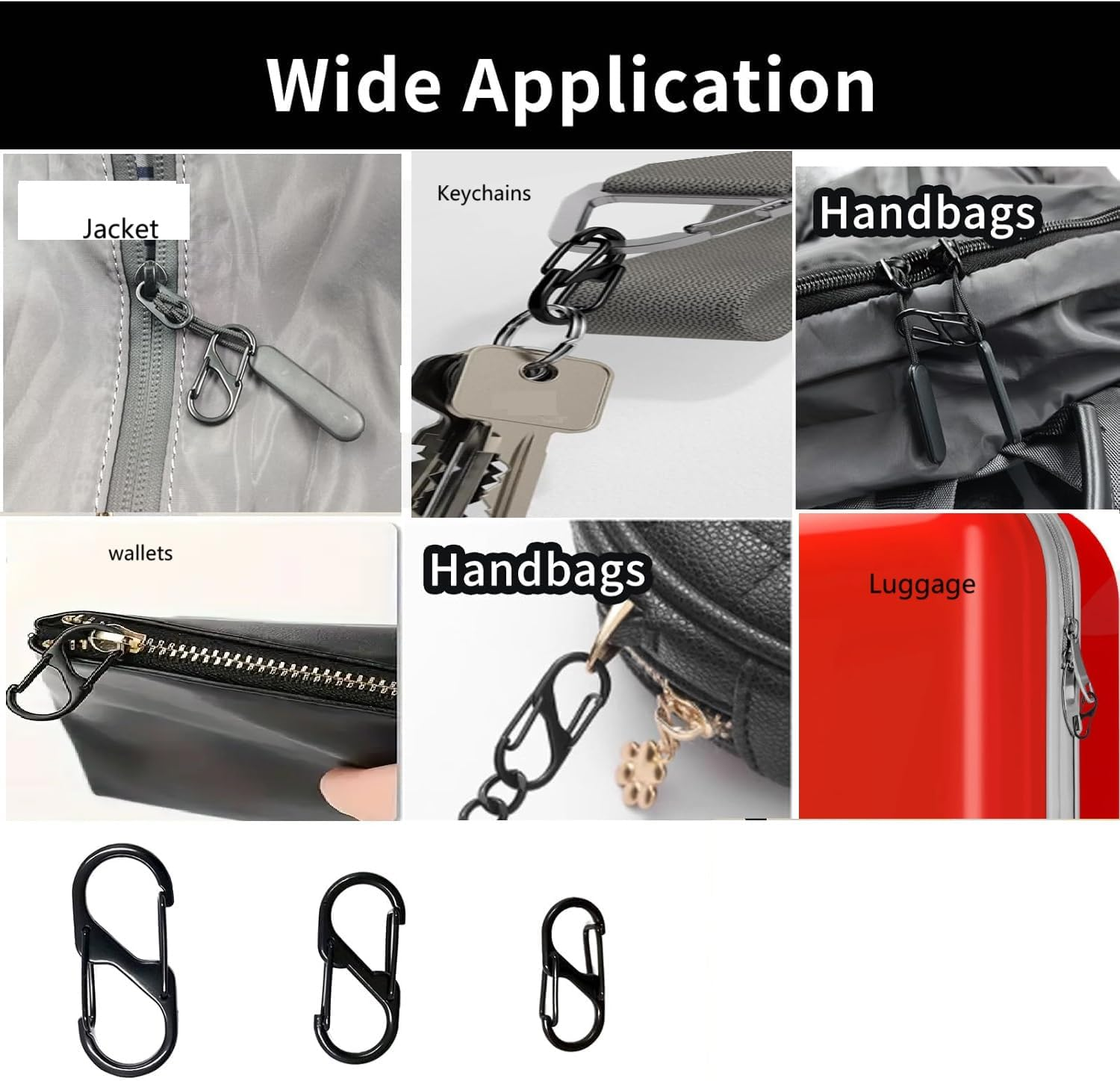 Cjeslna18Pcs Black Zipper Locks, Backpack Zipper Locks Dual S Shaped Carabiner Clips Keyring Keychain Quick Clip Theft Deterrent Double Spring Buckle Hook for Home Outdoor (Small, Large, Medium)