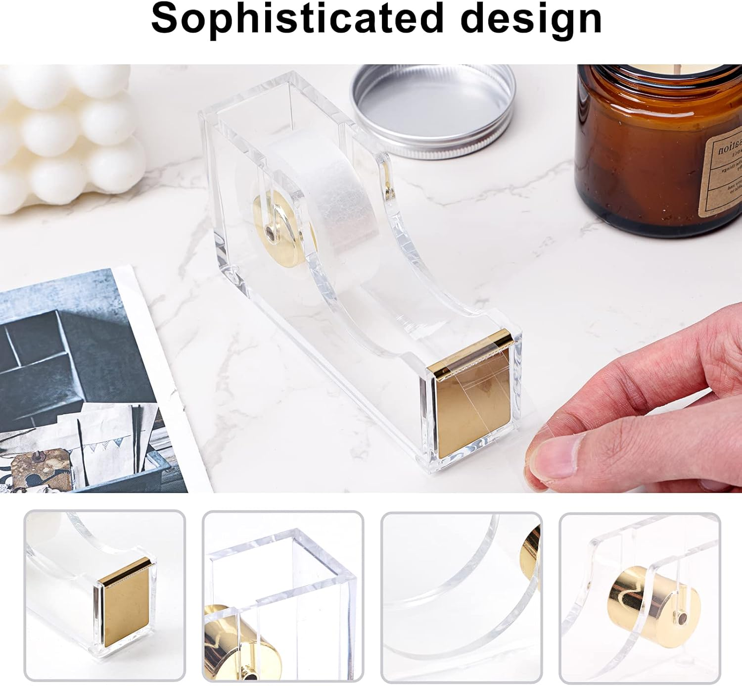 EOOUT Gold Office Supplies Set Desk Accessories, Acrylic Stapler Set Staple Remover, Phone Holder, Tape Holder, Pen Holder, 2 Ballpoint Pen, Scissor, Binder Clips, Ruler, Transparent Glue and Staples. image number 5
