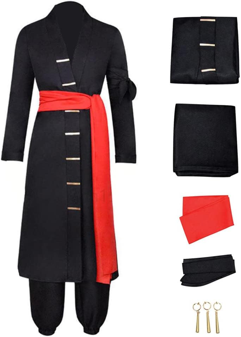 GWOKDAN Men Roronoas Cosplay Costume Anime Kimono Robe Zoro Cloak Uniform Halloween Outfits with Earrings