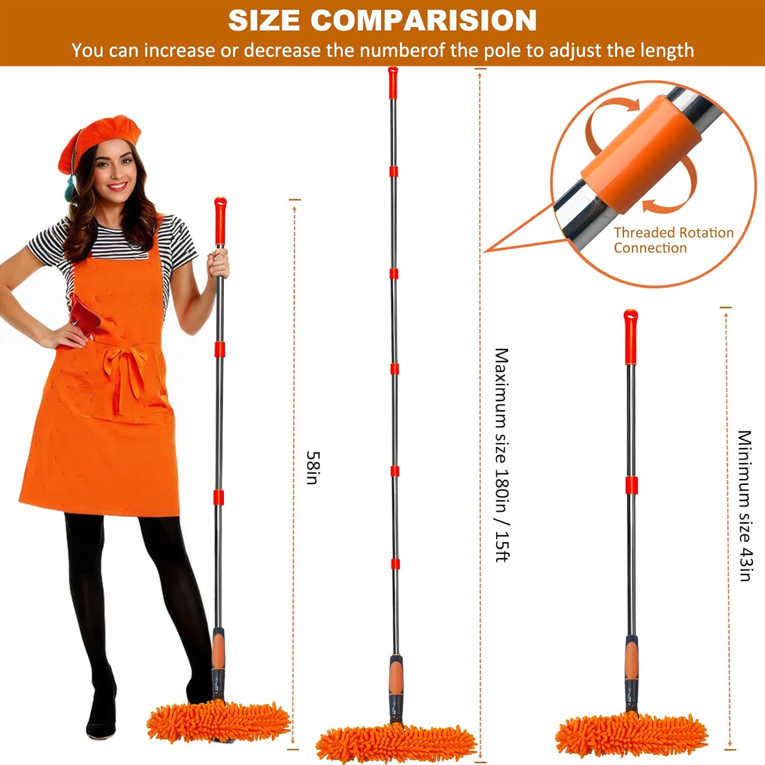 20 Ft+ Reach Squeegee Cleaner Duster 2 in 1 Rotatable Window Cleaning Tool Kit with 3-14 Ft Extension Pole, Washing Equipment for Indoor Outdoor Glass Car - 3 Pads image number 4