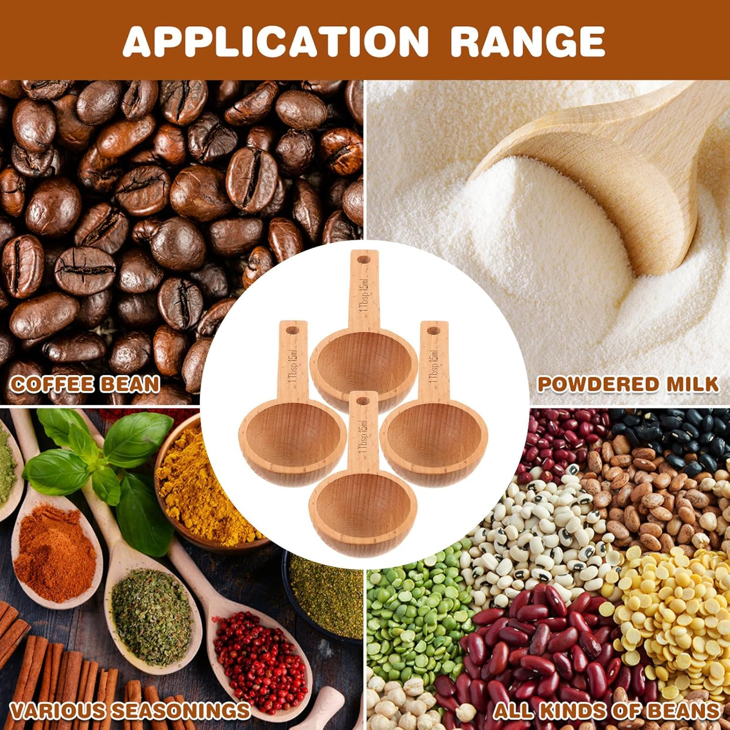 GALPADA 4Pcs Beech Wood Coffee Measuring Spoons 15Ml Wooden Coffee Scoops with Markings Small Measuring Spoons and Tea Kitchen Accessories image number 1