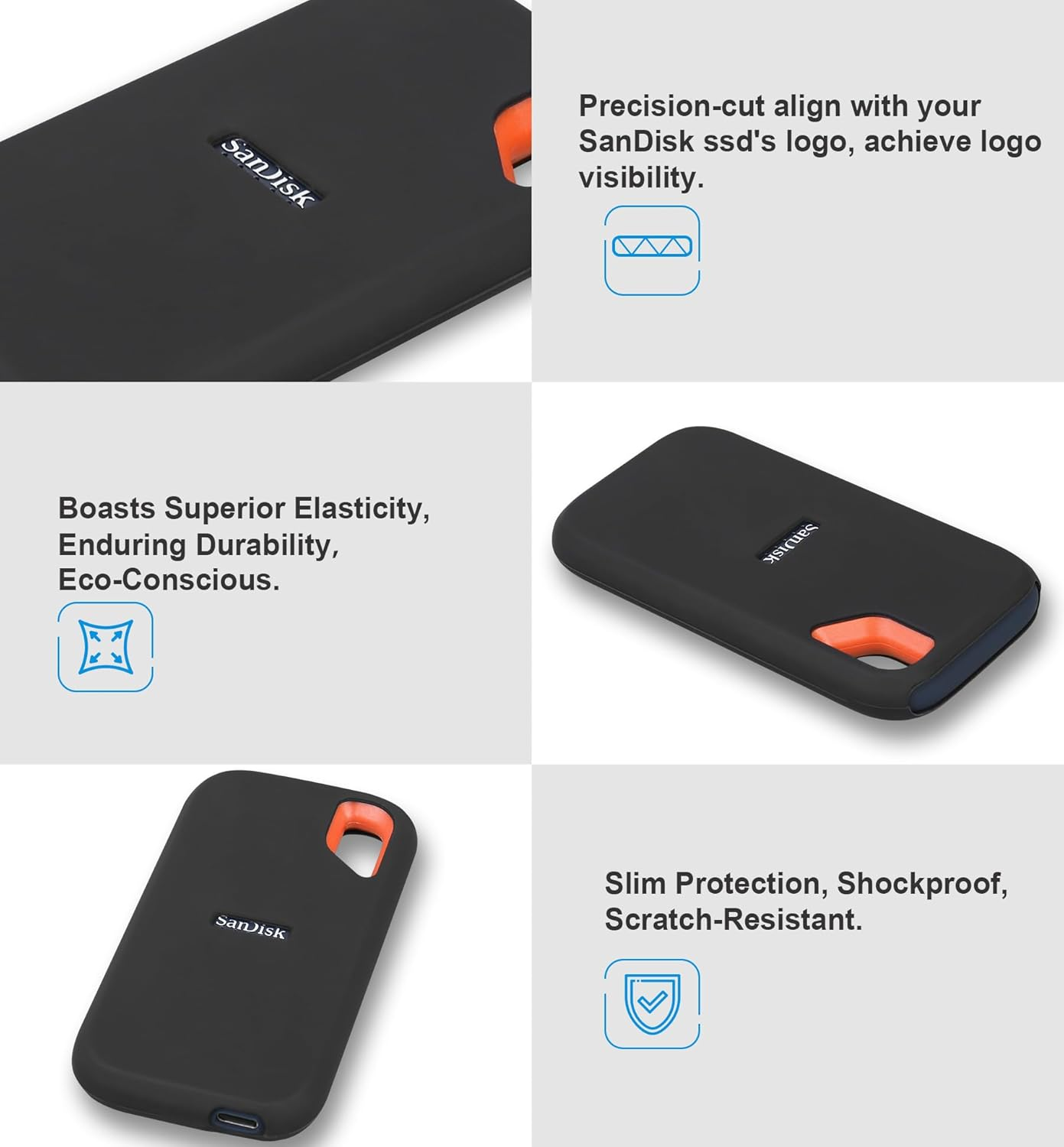 Lacdo Silicone Case Cover for Sandisk Extreme Portable SSD 500GB 1TB 2TB 4TB 8TB External Solid State Drive, Soft Silicon Protective Sleeve Skin for Sandisk Extreme SSD, Travel Pouch Storage Bag,Black image number 3