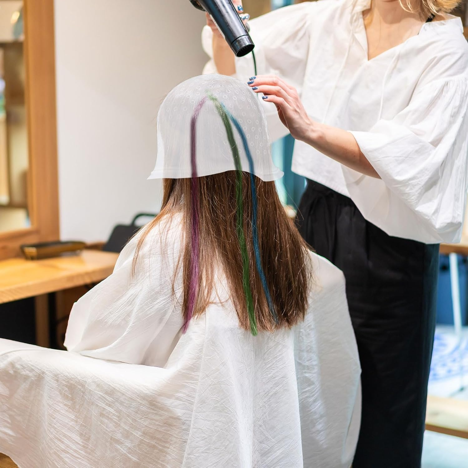 UILYNIU 4 Pieces Silicone Highlight Cap Highlight Hair Cap, Hair Colouring Highlighting Cap, Highlight Cap with Holes Hood 2 Hooks Needle, Colouring Hair Hairdressing Tool for Girls (White)