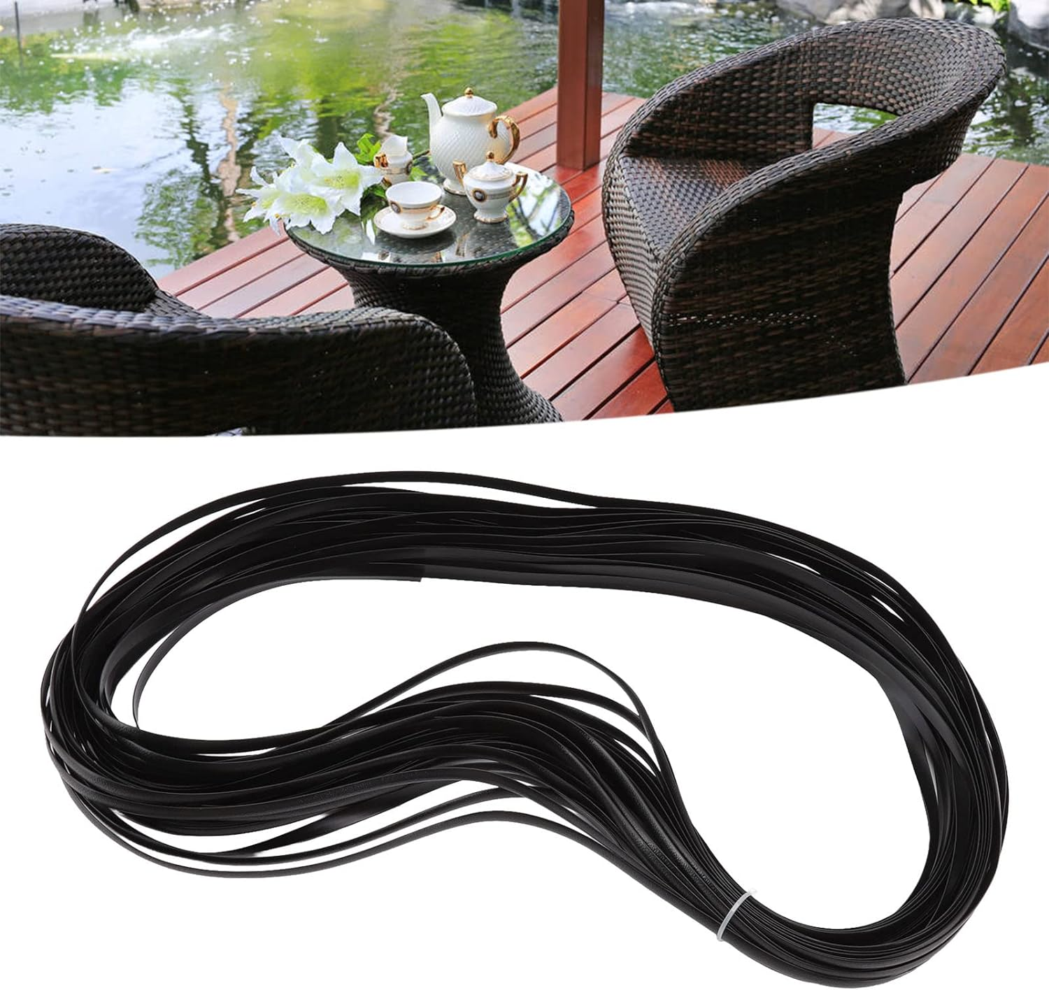 Wicker Repair Material, Flat Plastic Rattan, Synthetic Rattan Replacement Material, Plastic Wicker Repair for Repairing Subs, Sofas, Tables, Storage Boxes (Black) - Black image number 6